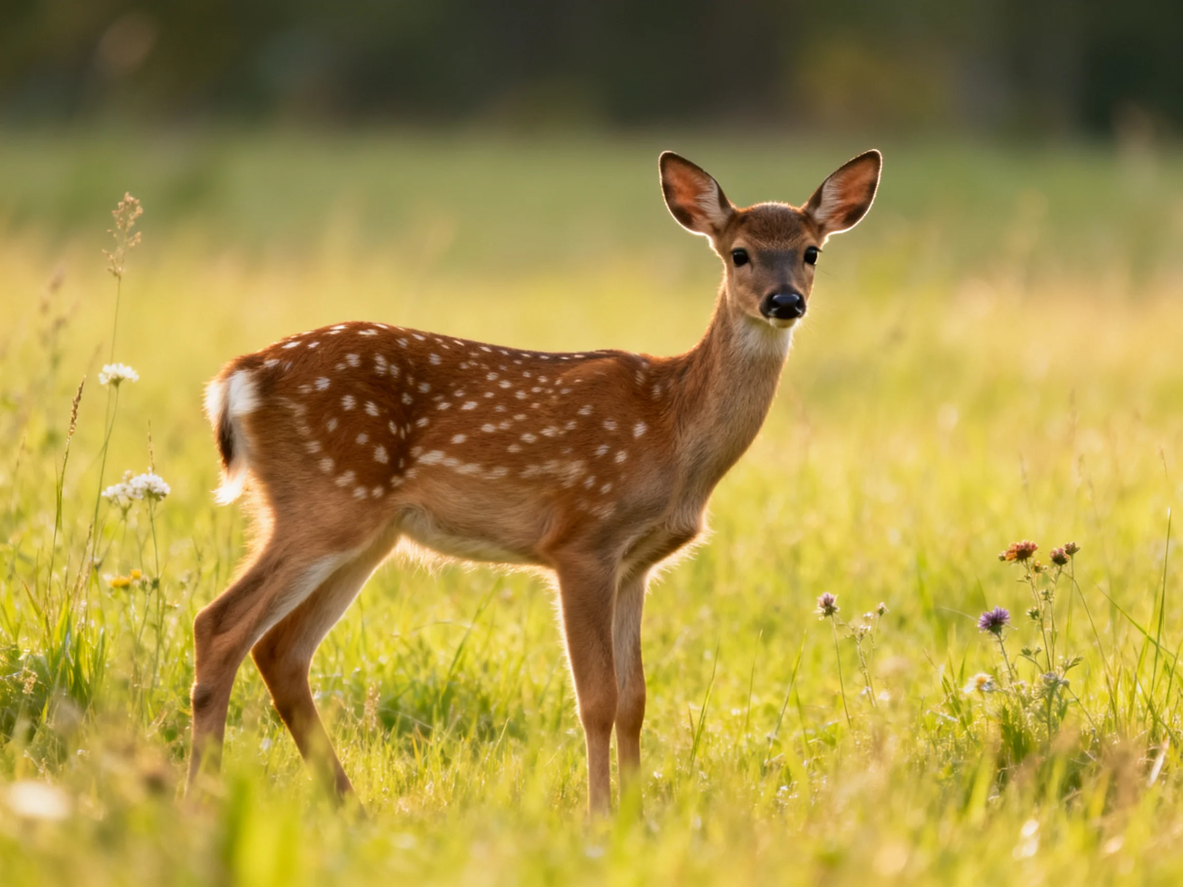 A spotted fawn stands in a sunlit meadow of tall grass