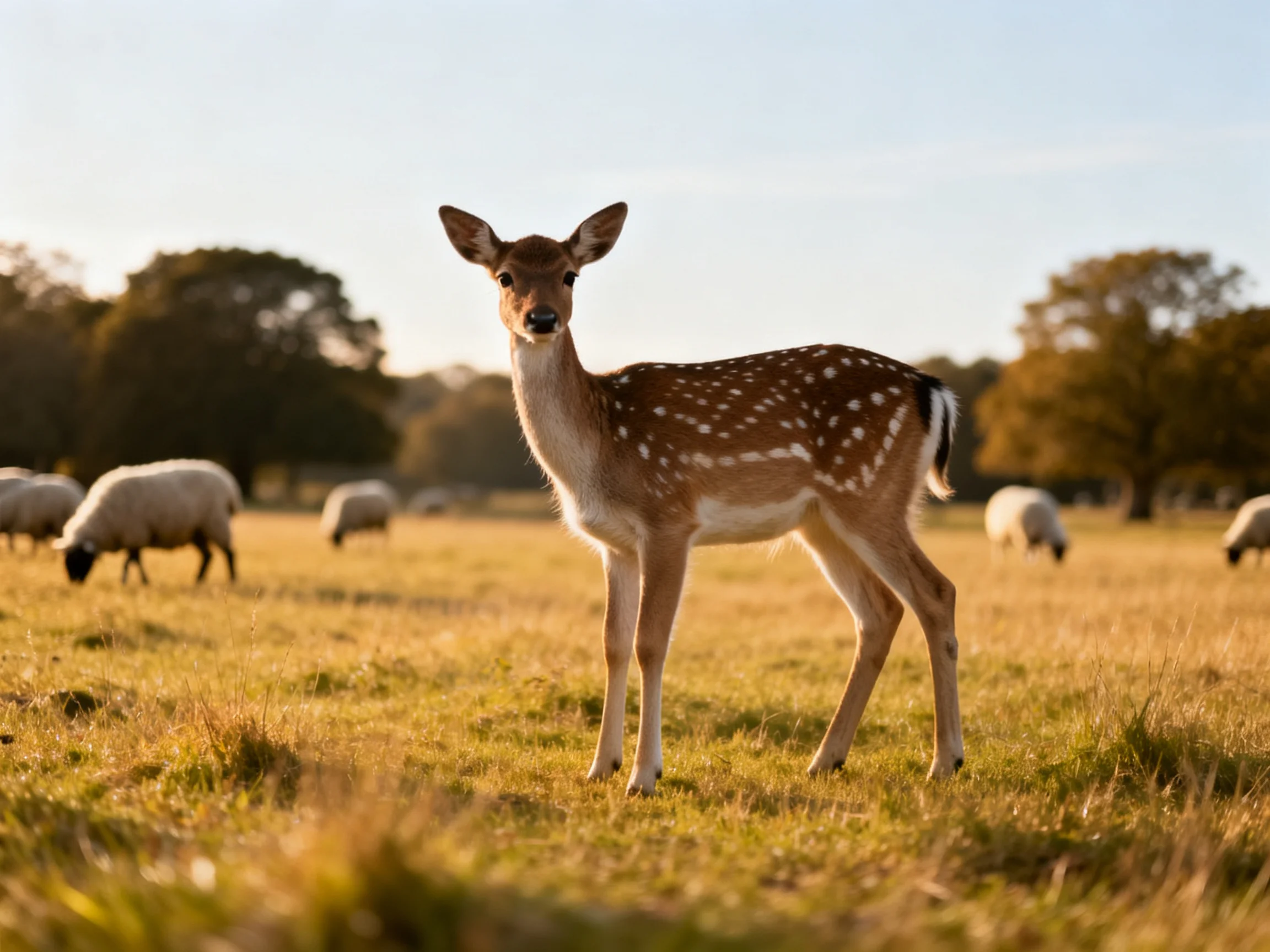 A young deer stands in a sunlit meadow near grazing sheep.