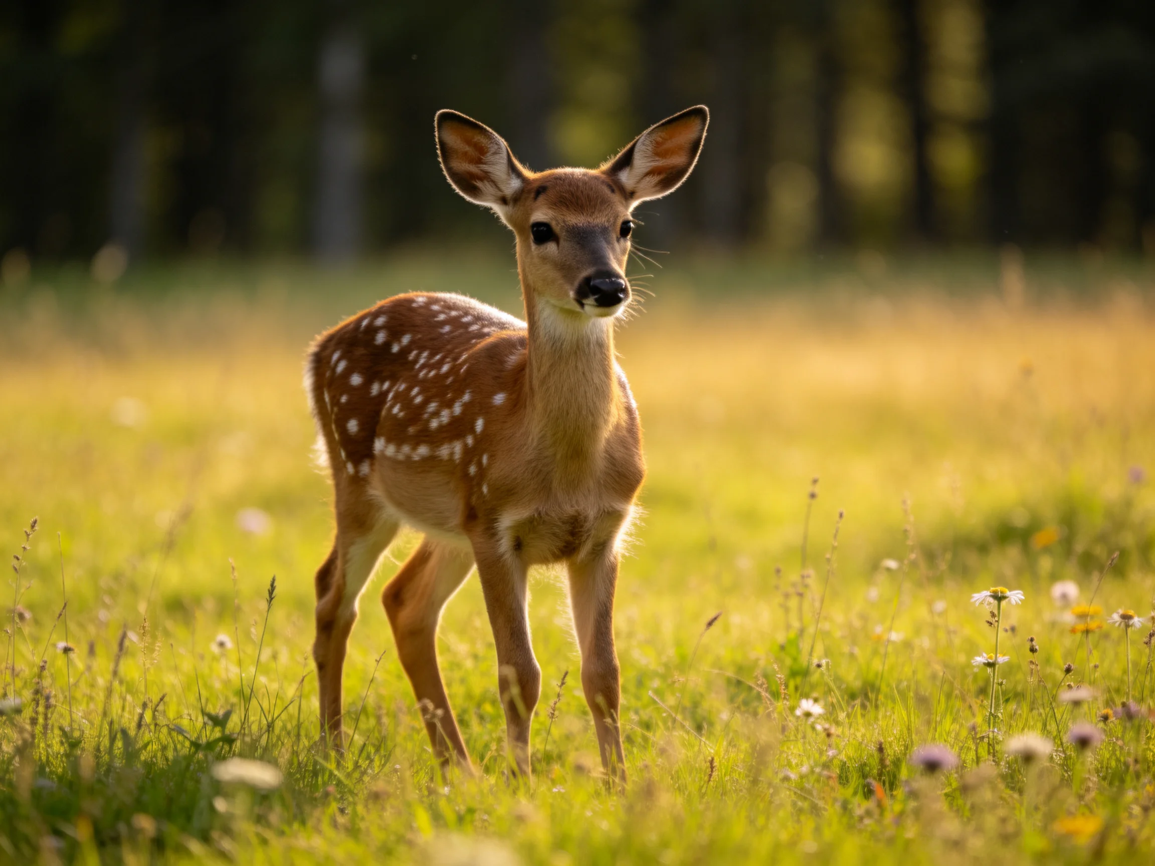 A spotted fawn stands in a sunlit meadow with wildflowers