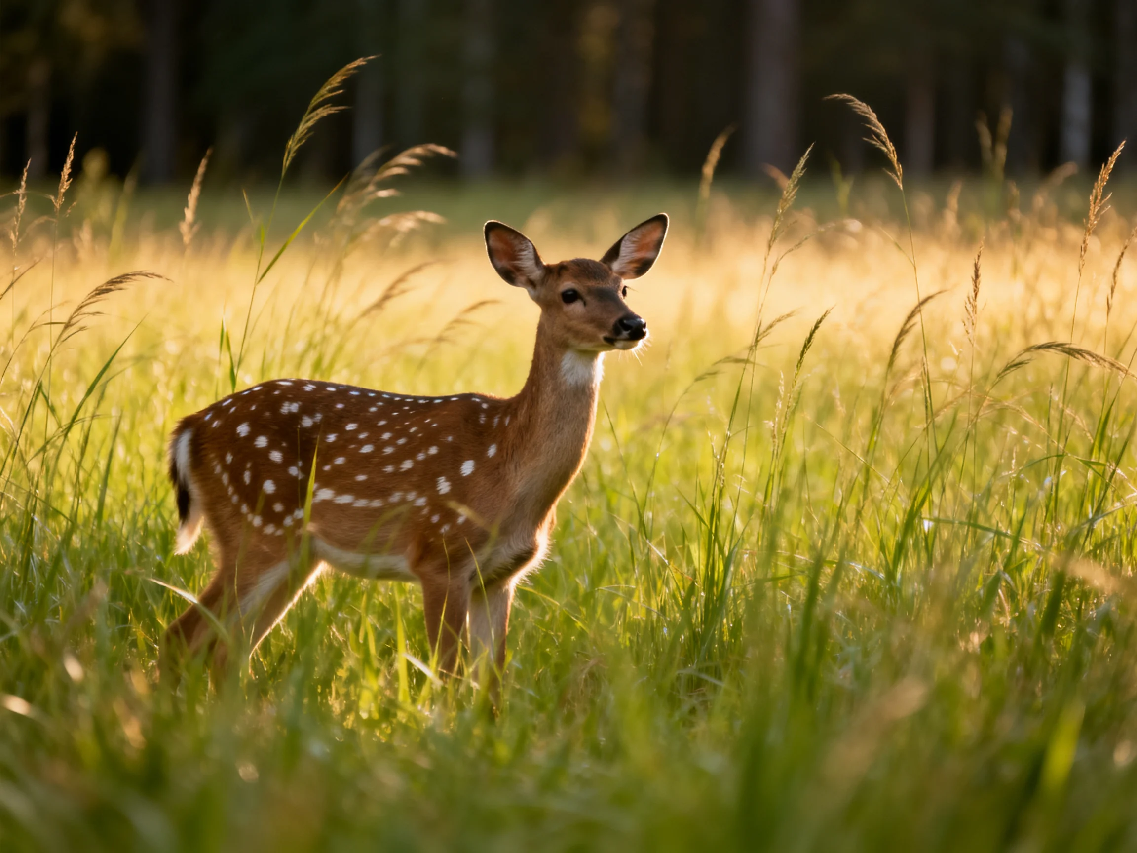 A young spotted deer stands in tall grass under sunlight.