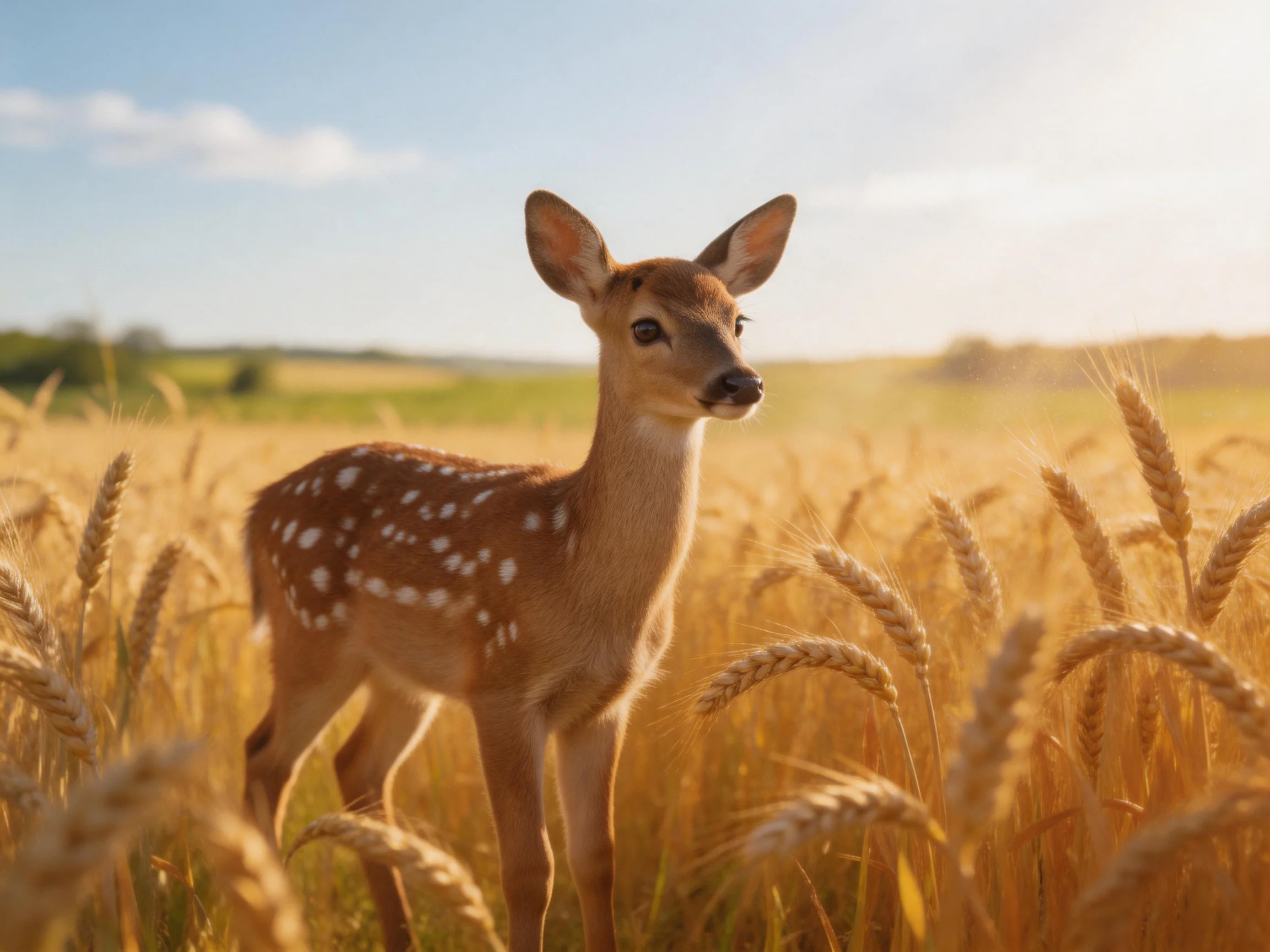 A young deer with white spots is in a golden wheat field during daylight.