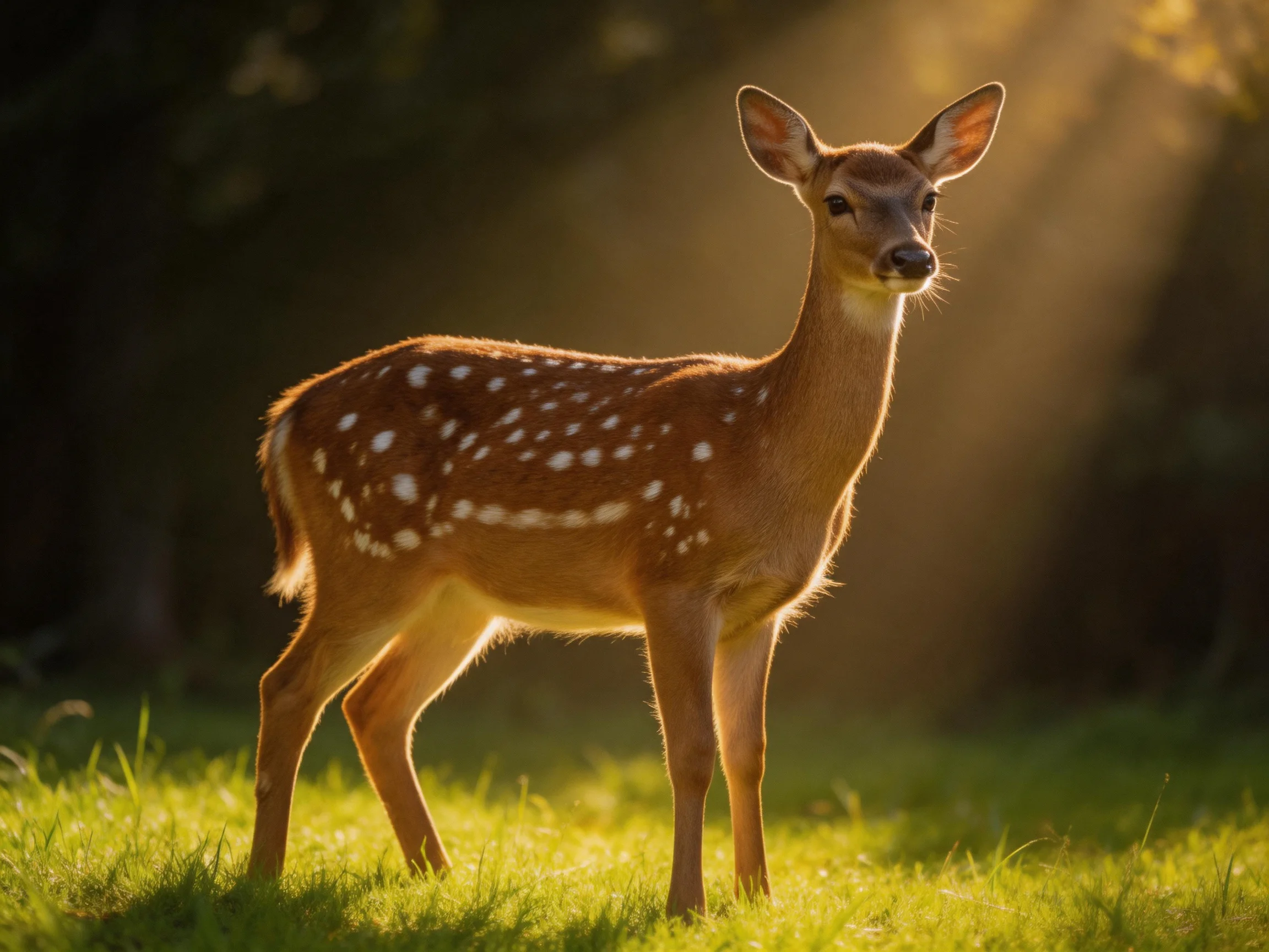 A spotted fawn stands in sunlit green meadow with golden rays