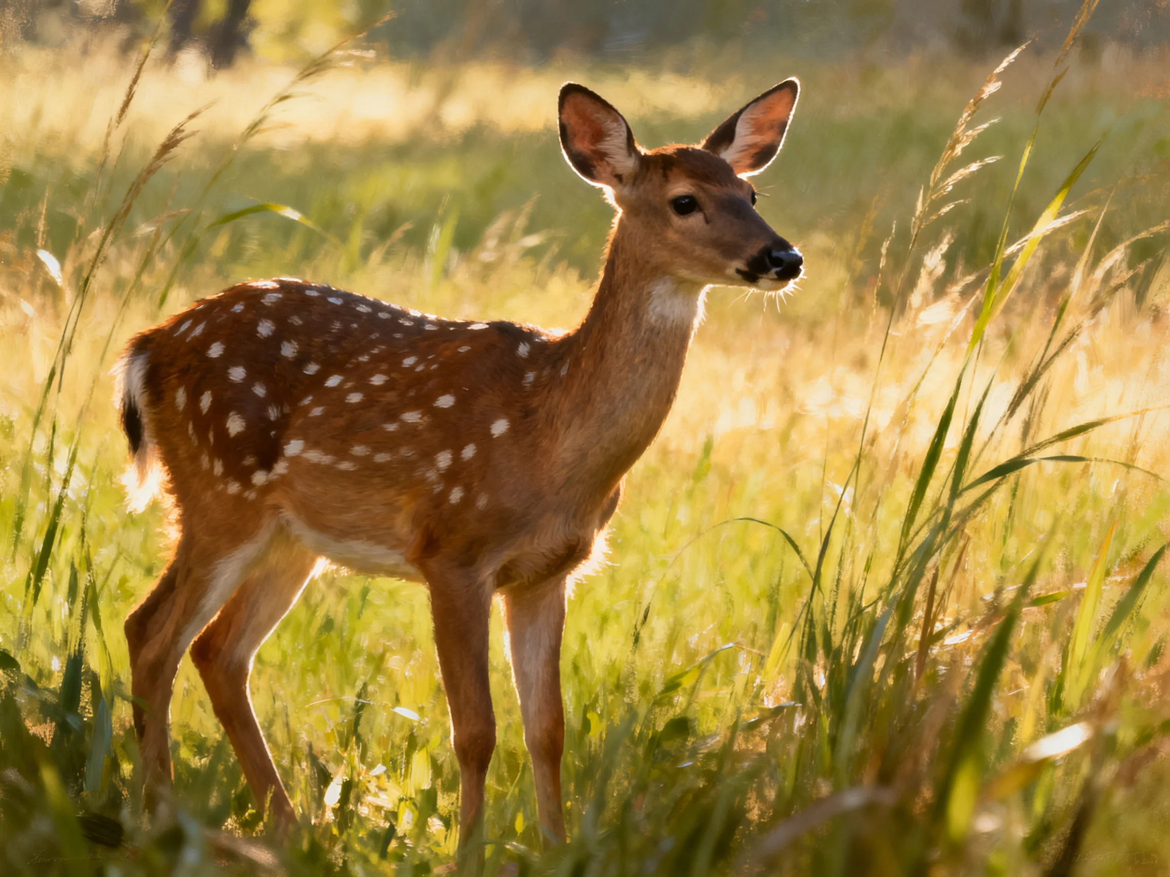 A spotted fawn stands in sunlit tall green grass