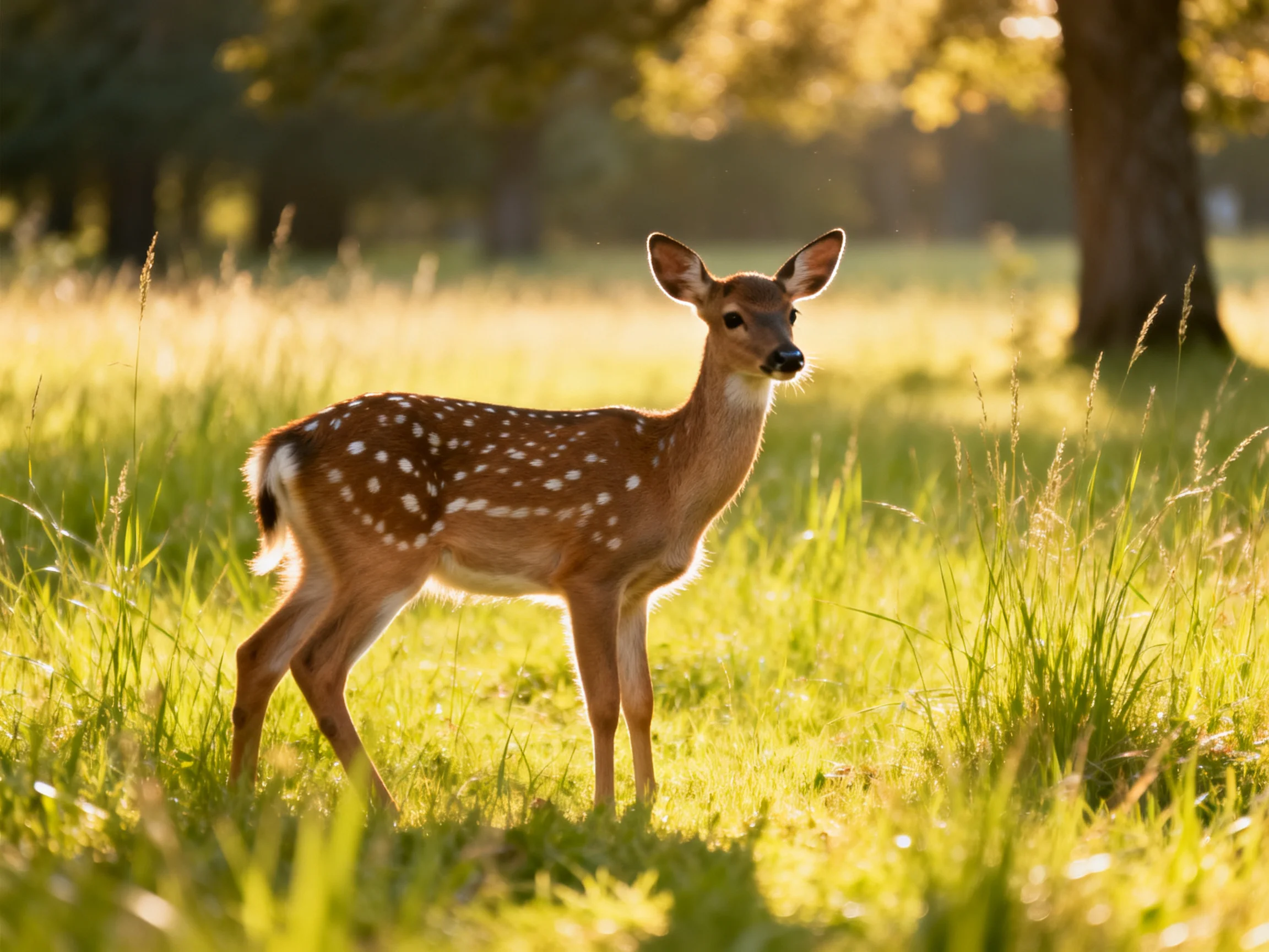 A spotted fawn stands in sunlit tall green grass near trees