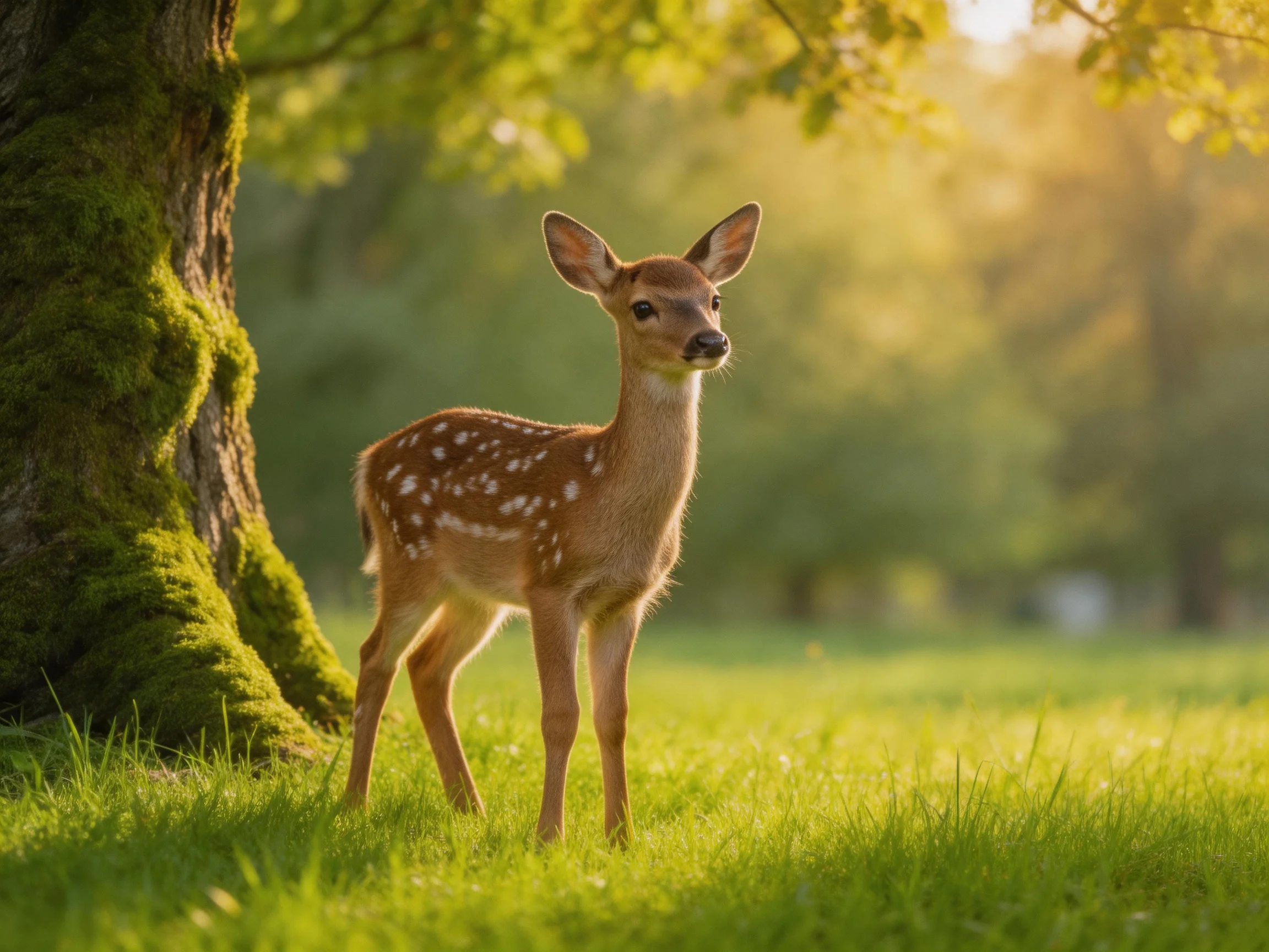 A spotted fawn stands near a moss-covered tree in a sunlit meadow