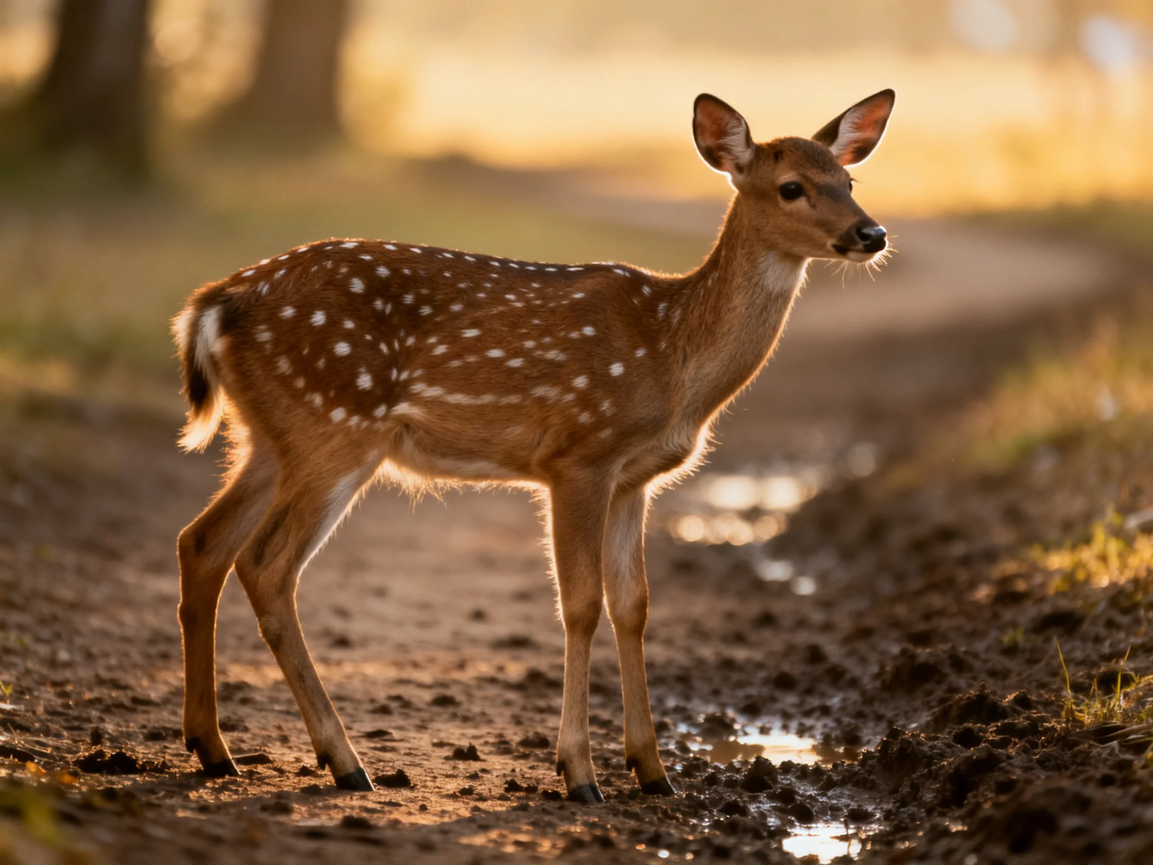 A spotted fawn stands on a muddy forest path in golden light