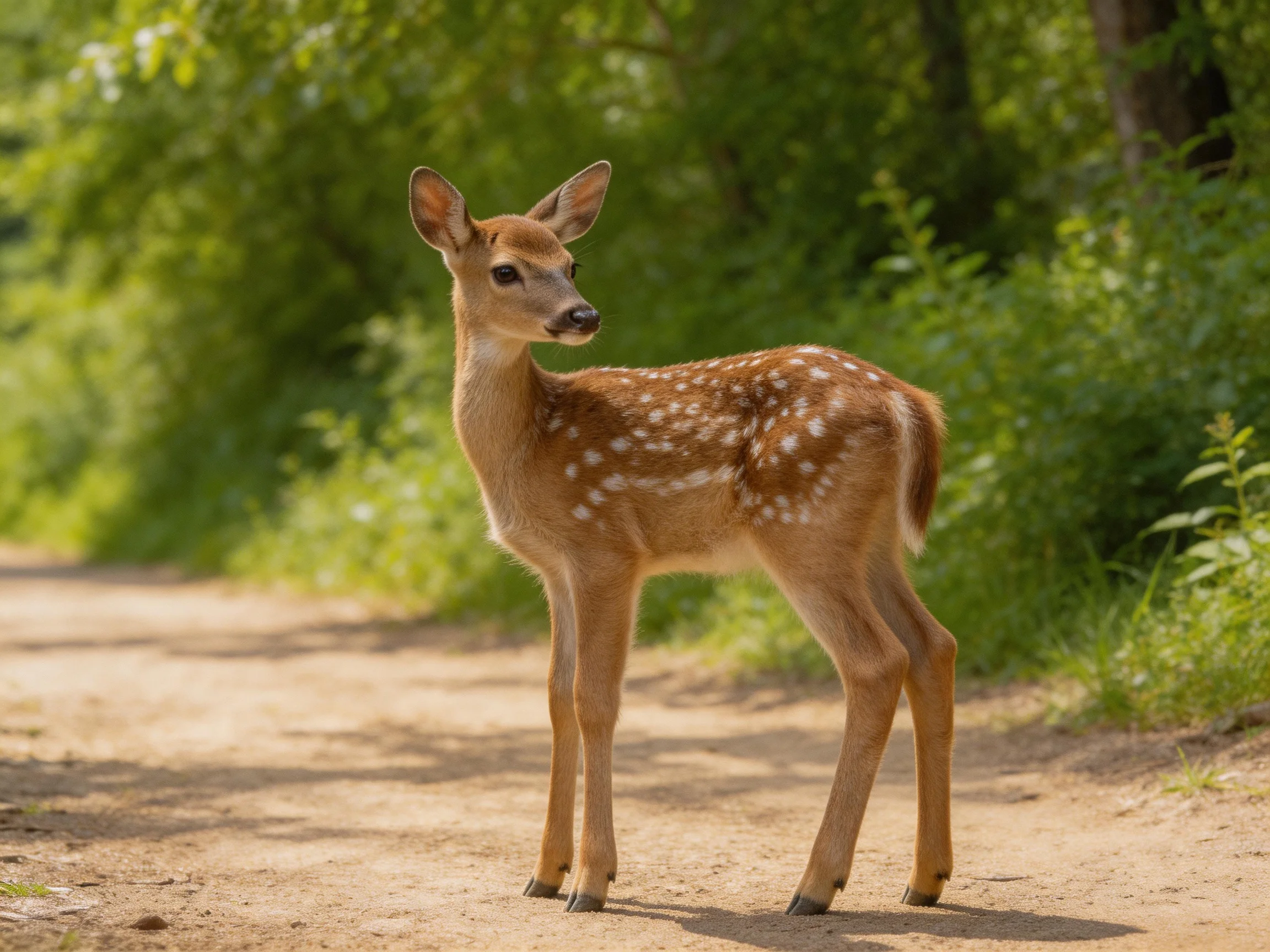 A young deer with white spots stands on a dirt path surrounded by lush greenery.