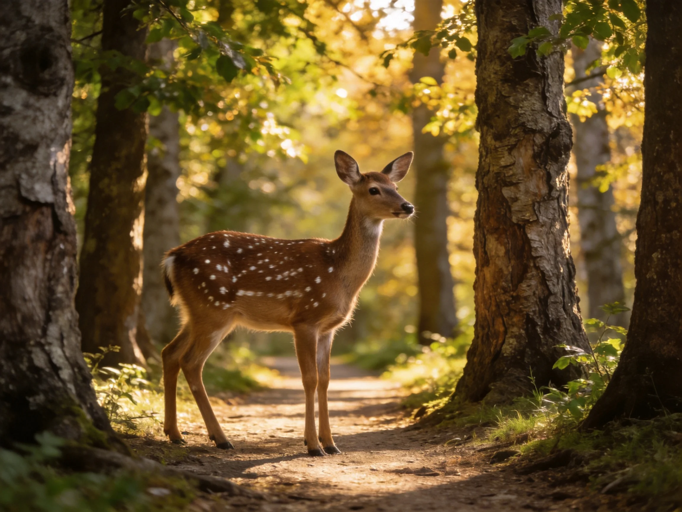 A young deer with white spots stands on a sunlit forest path near large trees