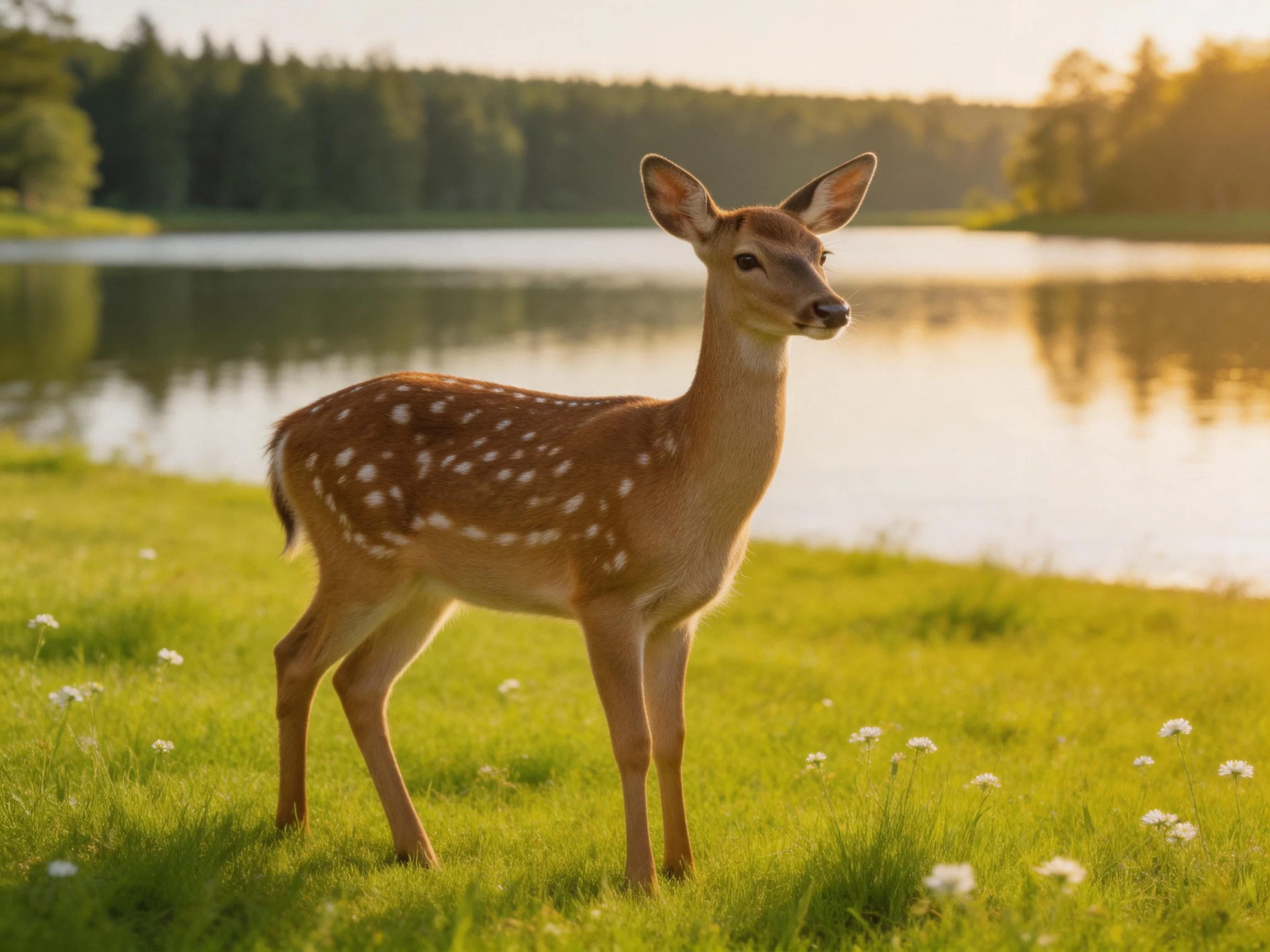 A spotted fawn stands on green grass near a calm lake