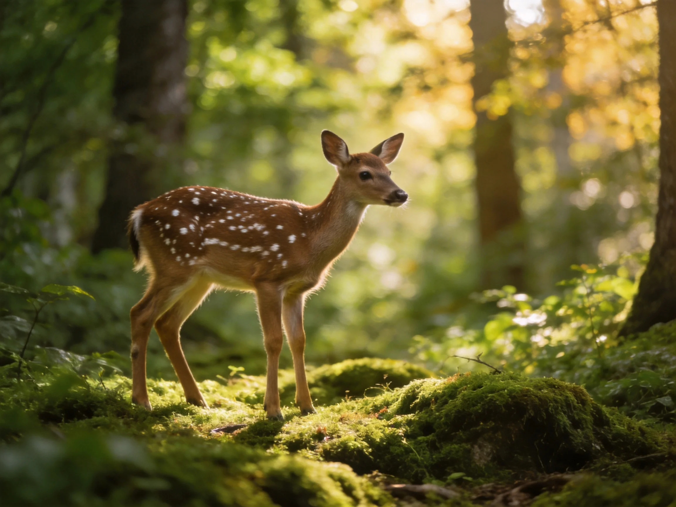 A spotted fawn stands on mossy ground in sunlit woods