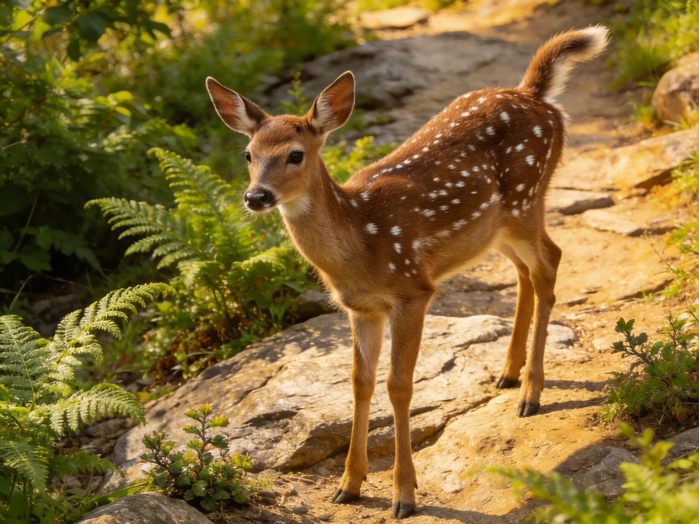A spotted fawn stands on rocky terrain amid lush greenery