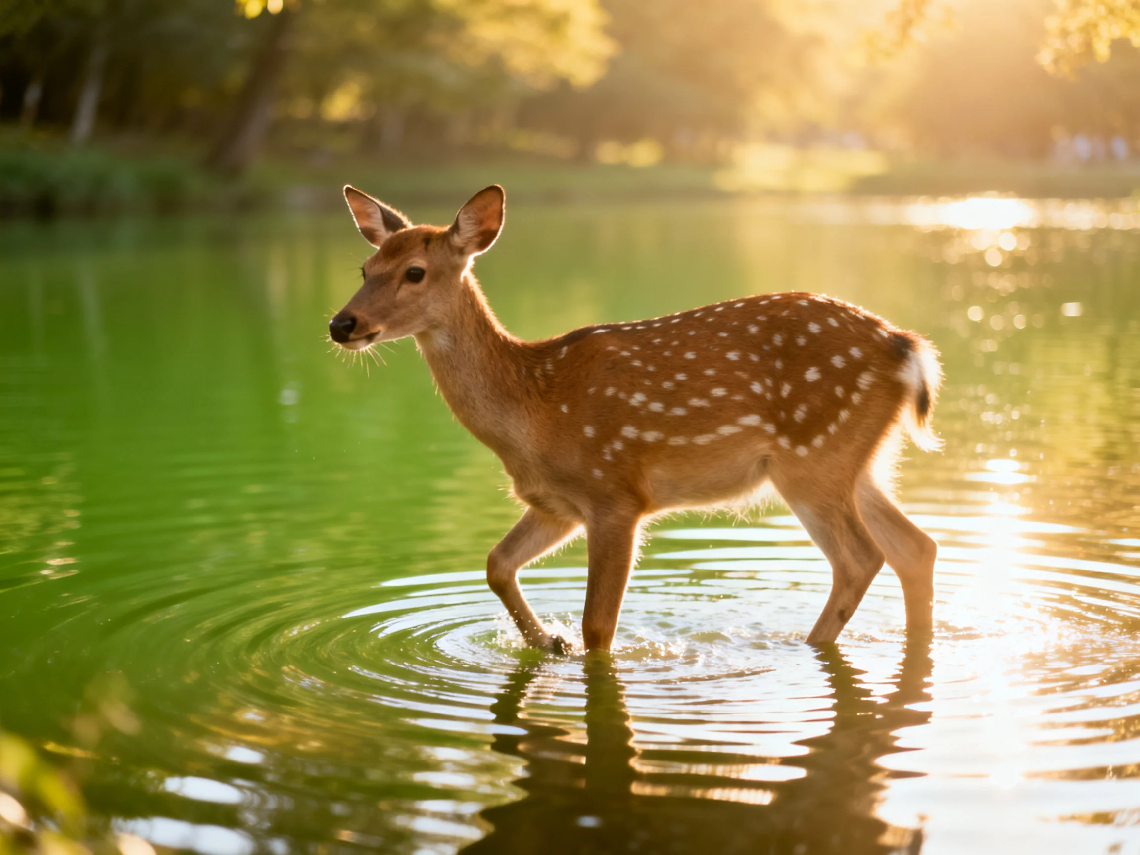 A spotted fawn wades through calm green water under golden sunlight