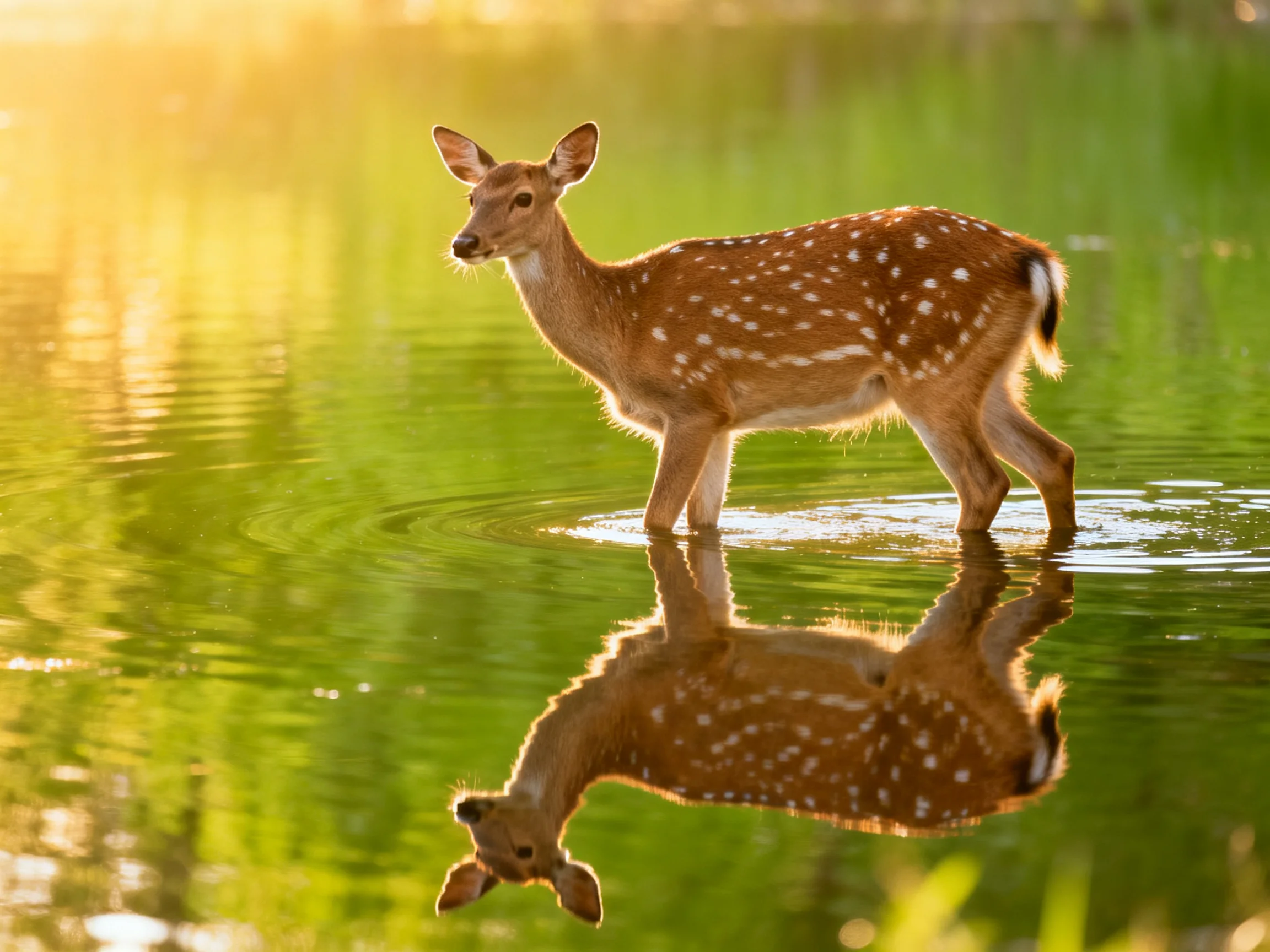 A spotted fawn wades through calm green water with a clear reflection