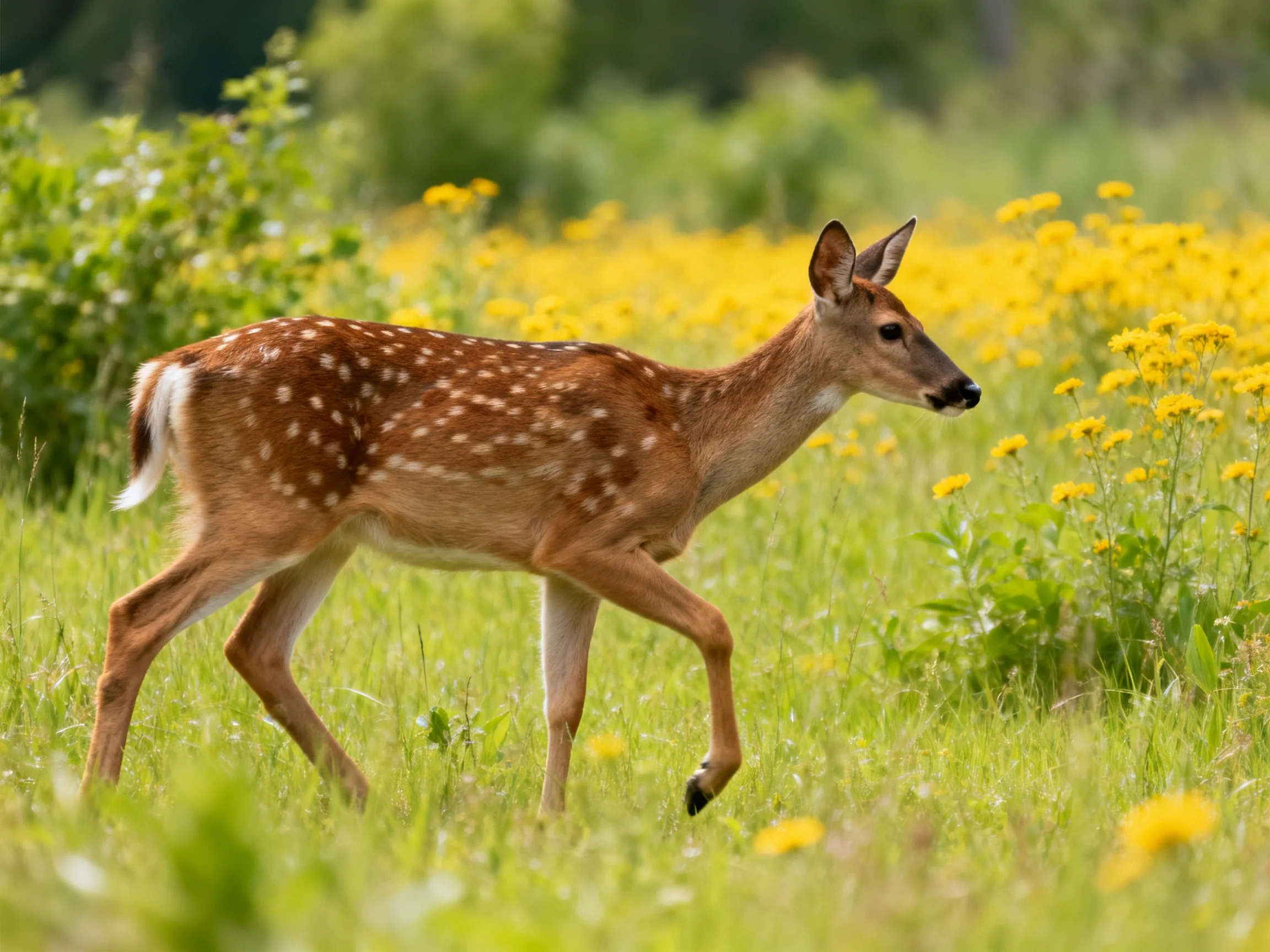 A spotted fawn wanders through a meadow of yellow wildflowers