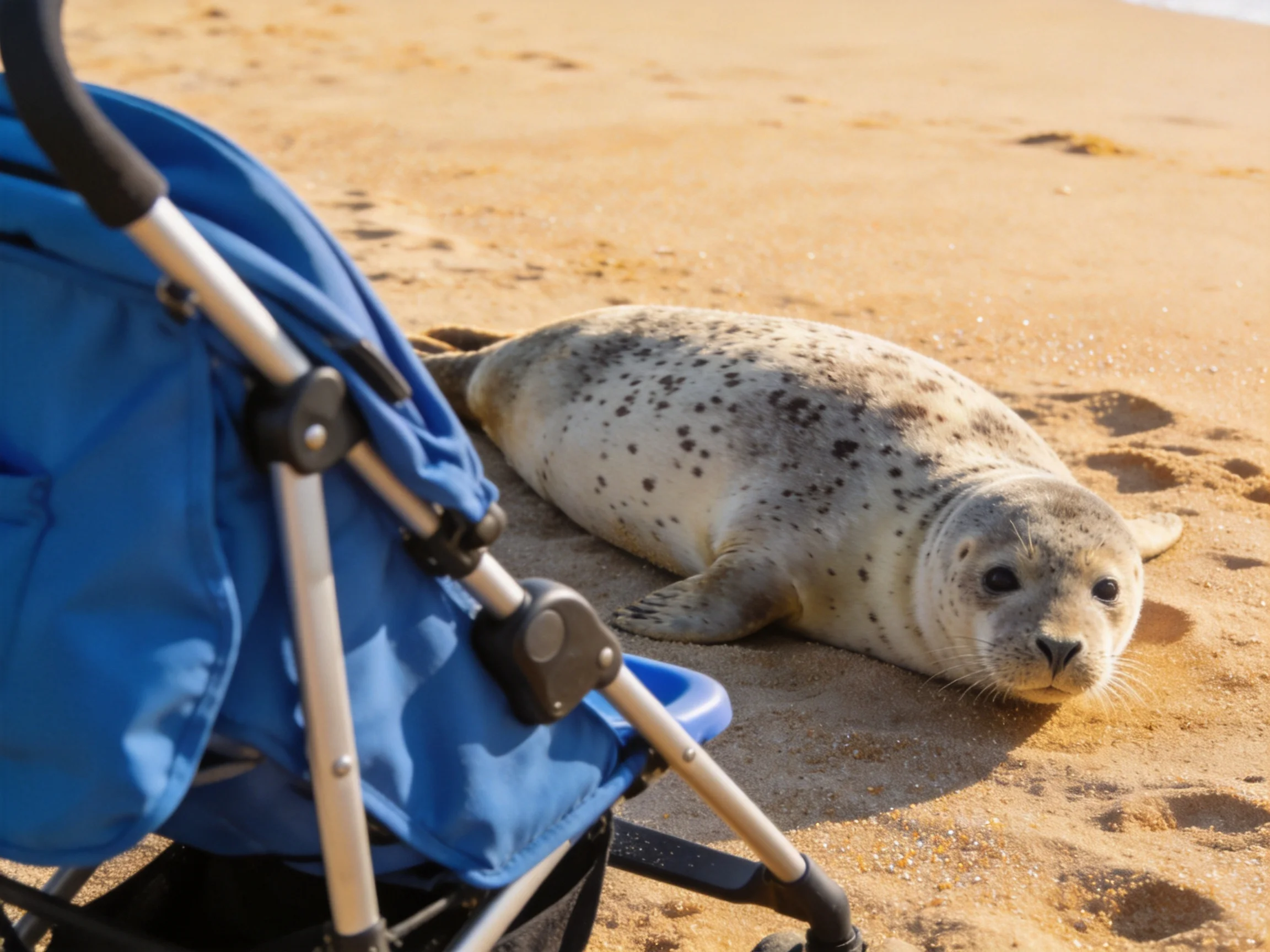 A spotted gray seal pup rests near a blue baby stroller on sandy beach