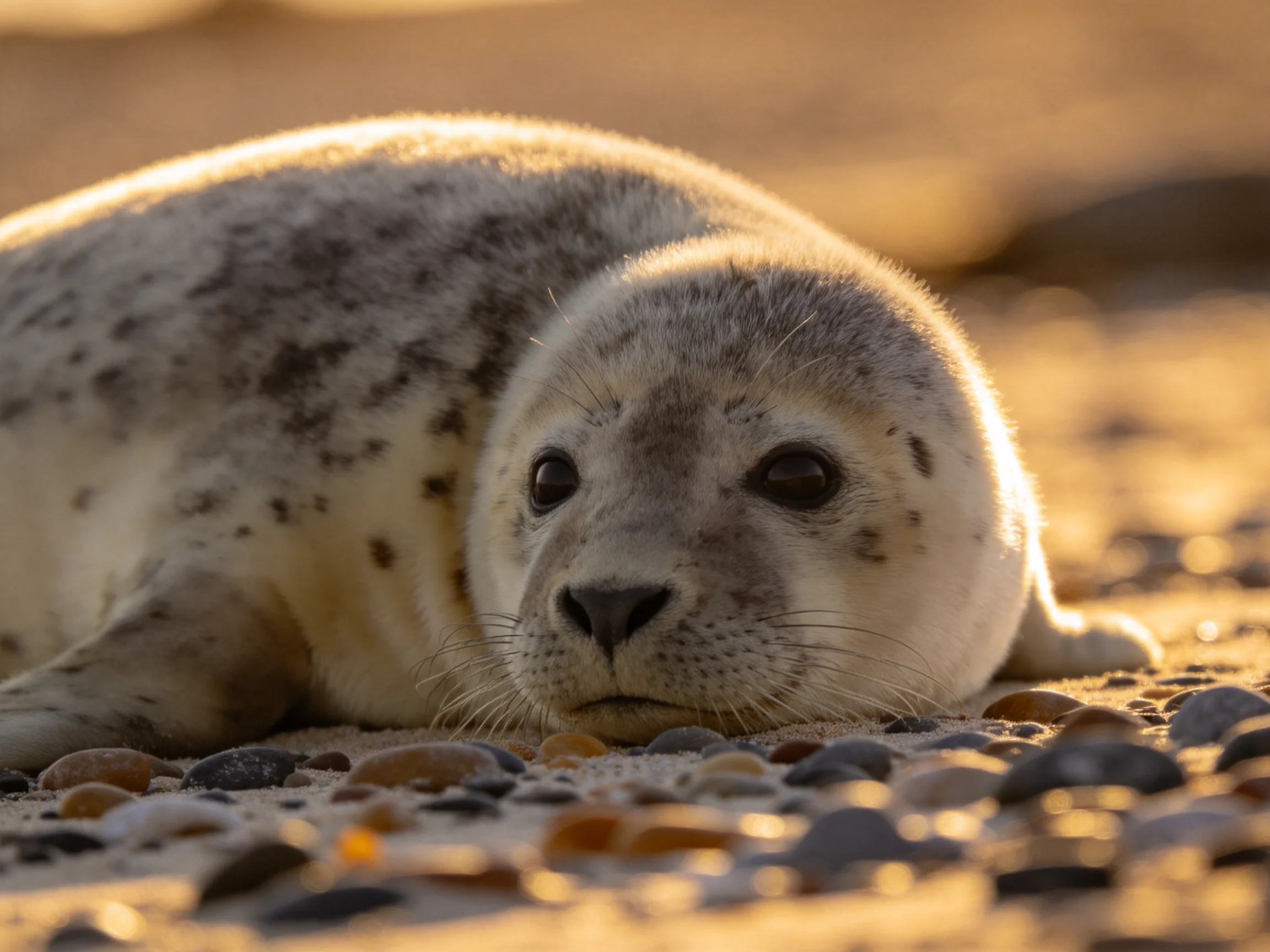 A spotted gray seal pup rests on a pebbly beach under golden sunlight