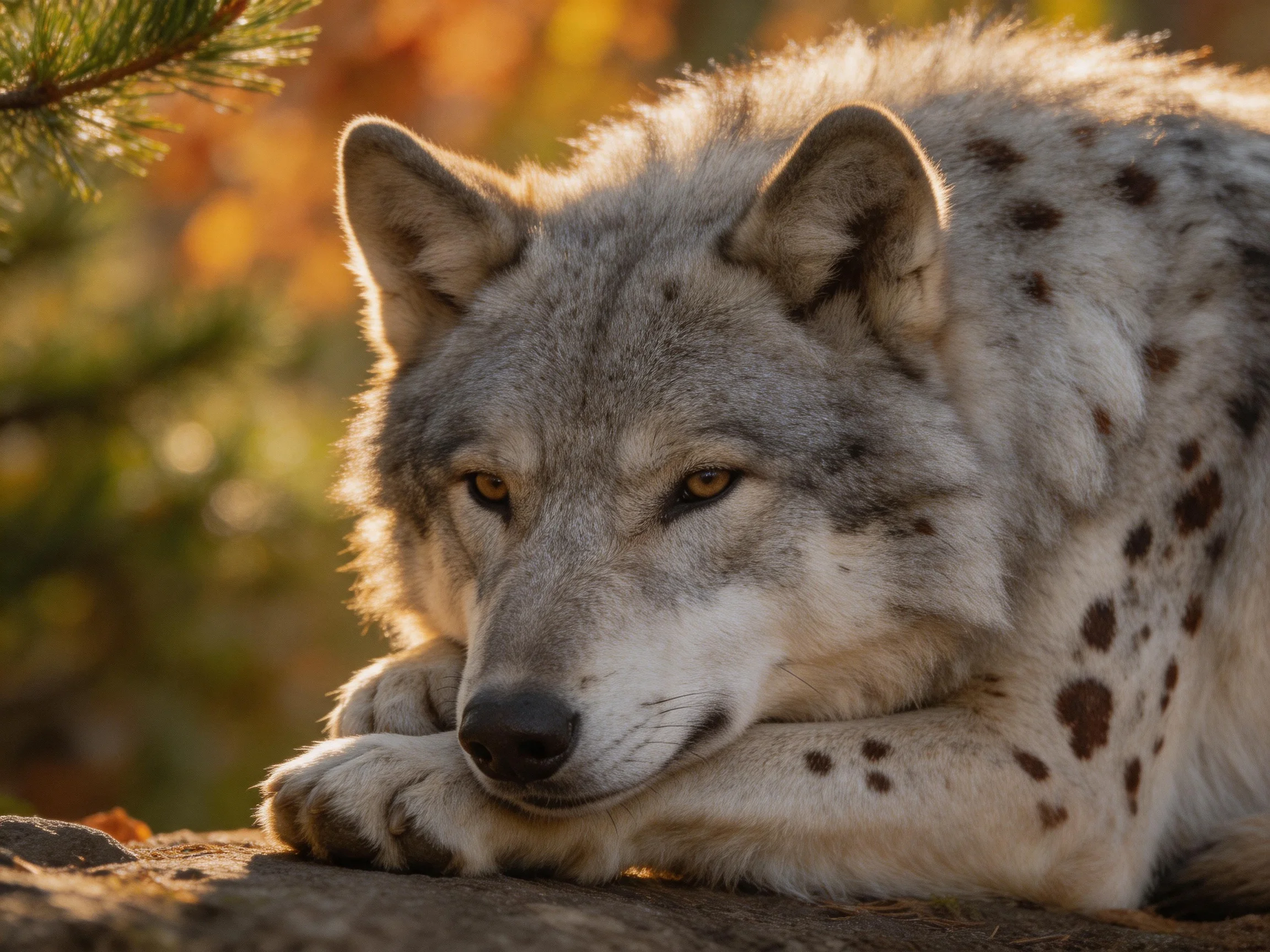 A spotted gray wolf rests on a rock amid autumn foliage