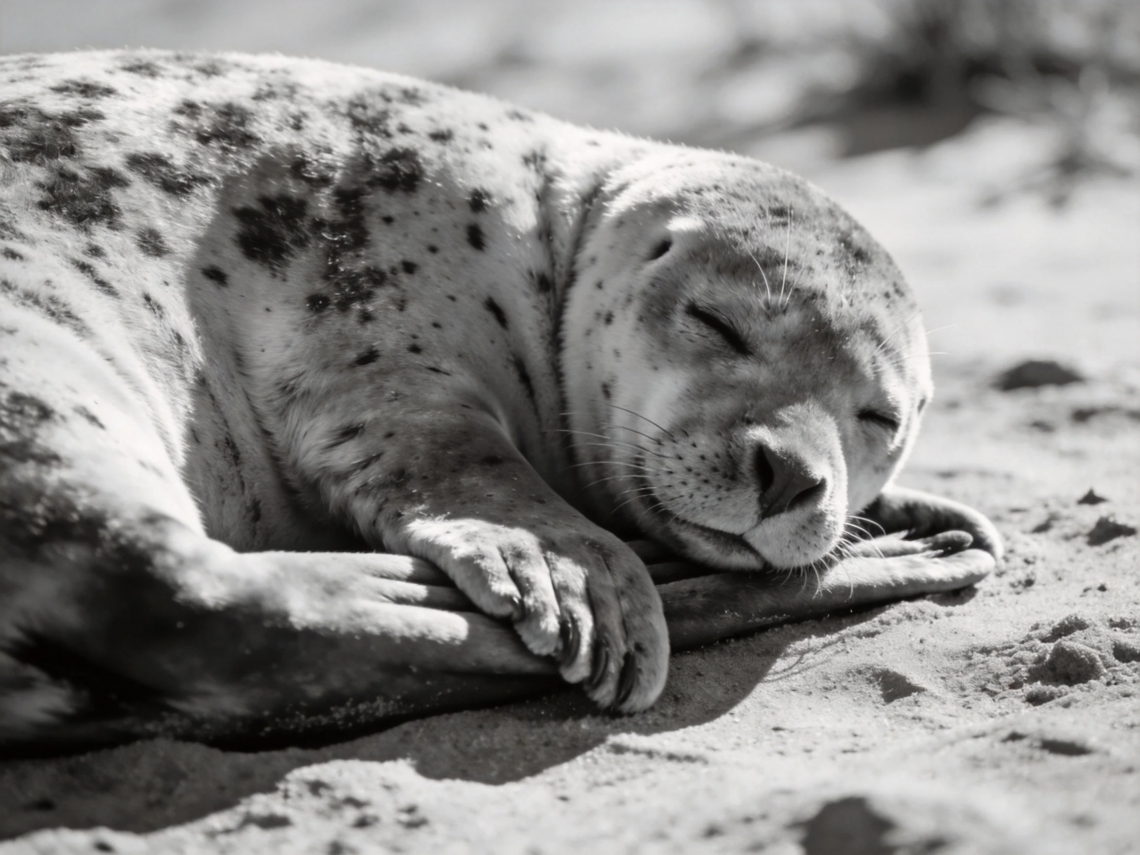 A spotted harbor seal pup rests on sandy beach