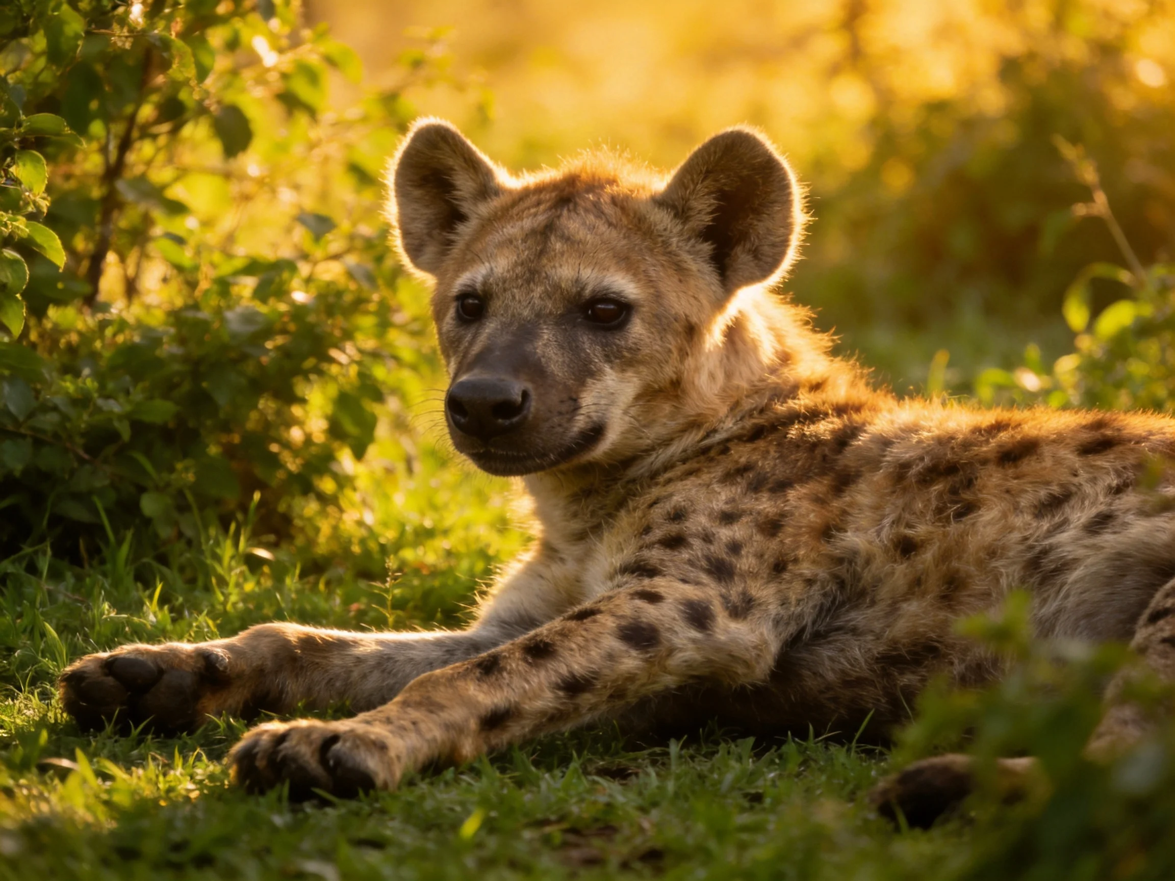 A spotted hyena cub relaxes in sunlit grass surrounded by greenery