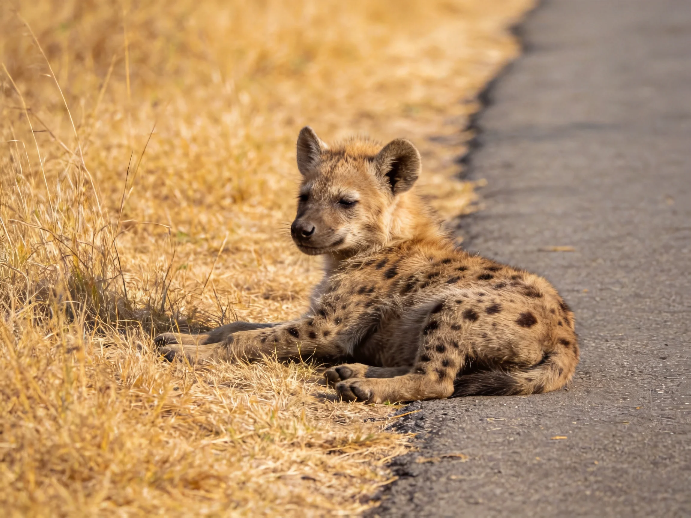 A spotted hyena cub rests near golden grass by a paved road