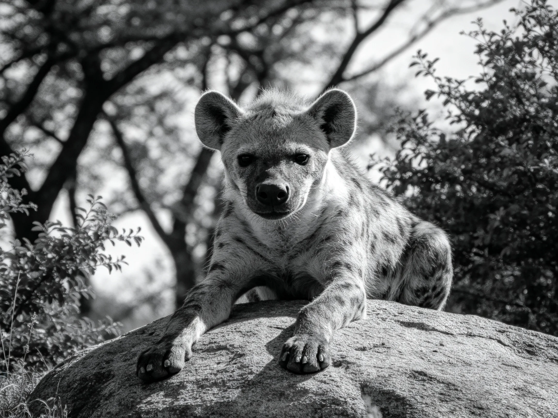 A spotted hyena cub rests on a large rock in a wooded area