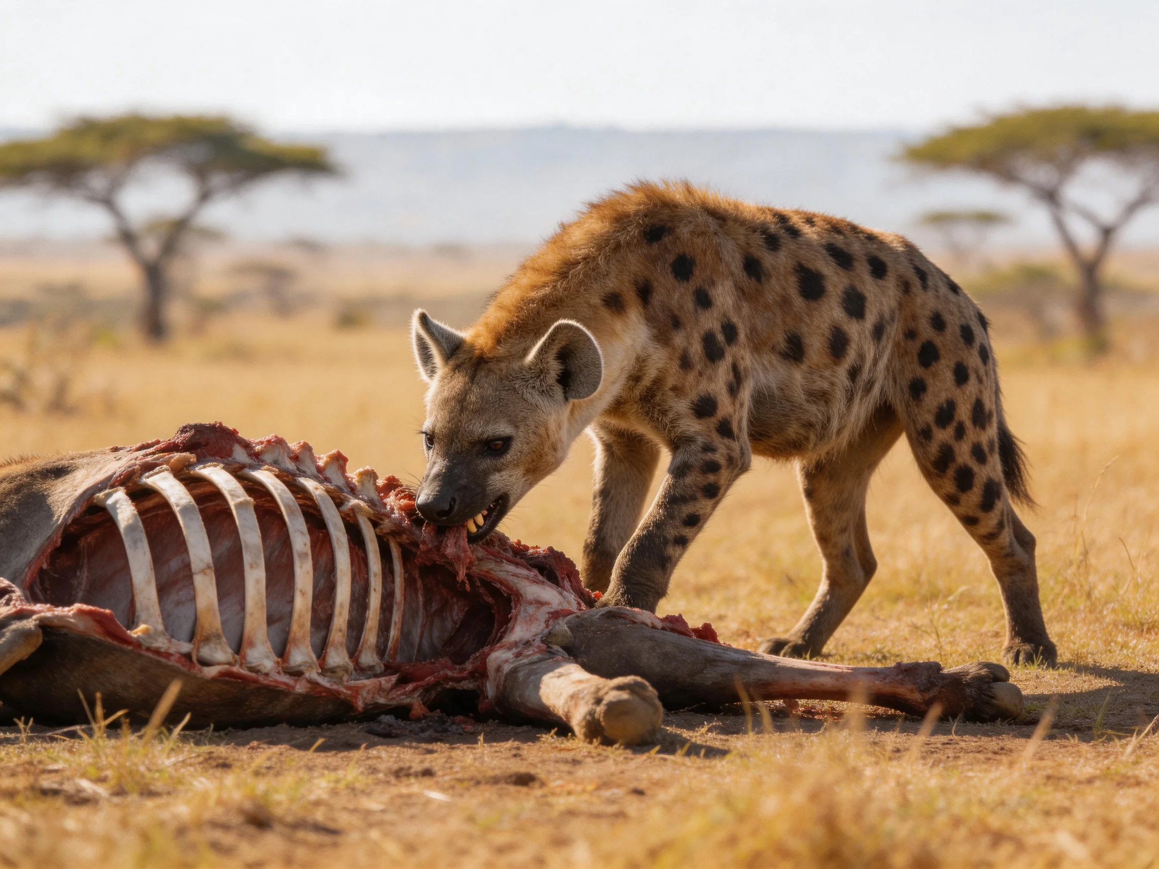 A spotted hyena feeds on a large animal carcass in an open savannah