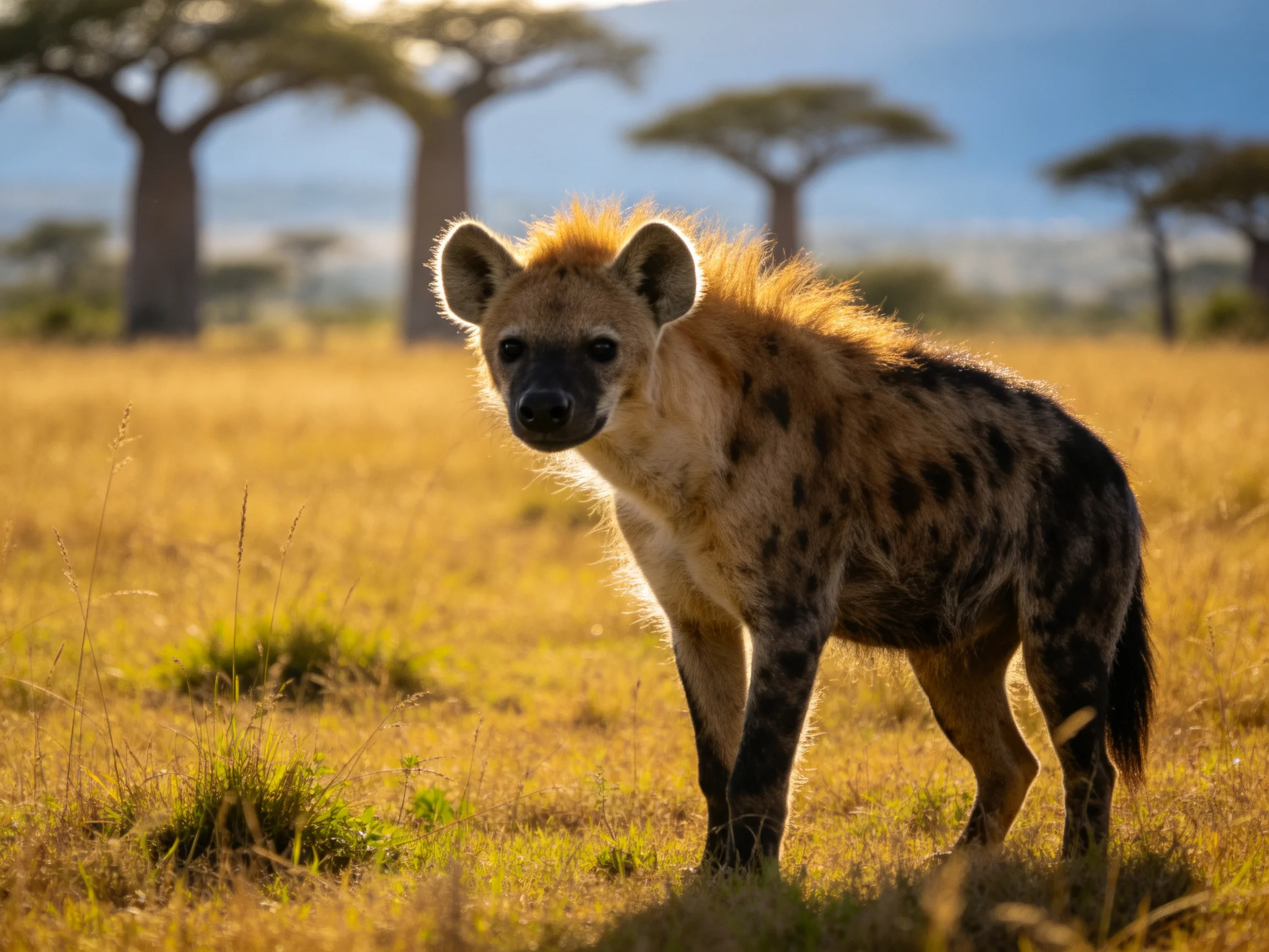 A spotted hyena in golden savannah grass near acacia trees