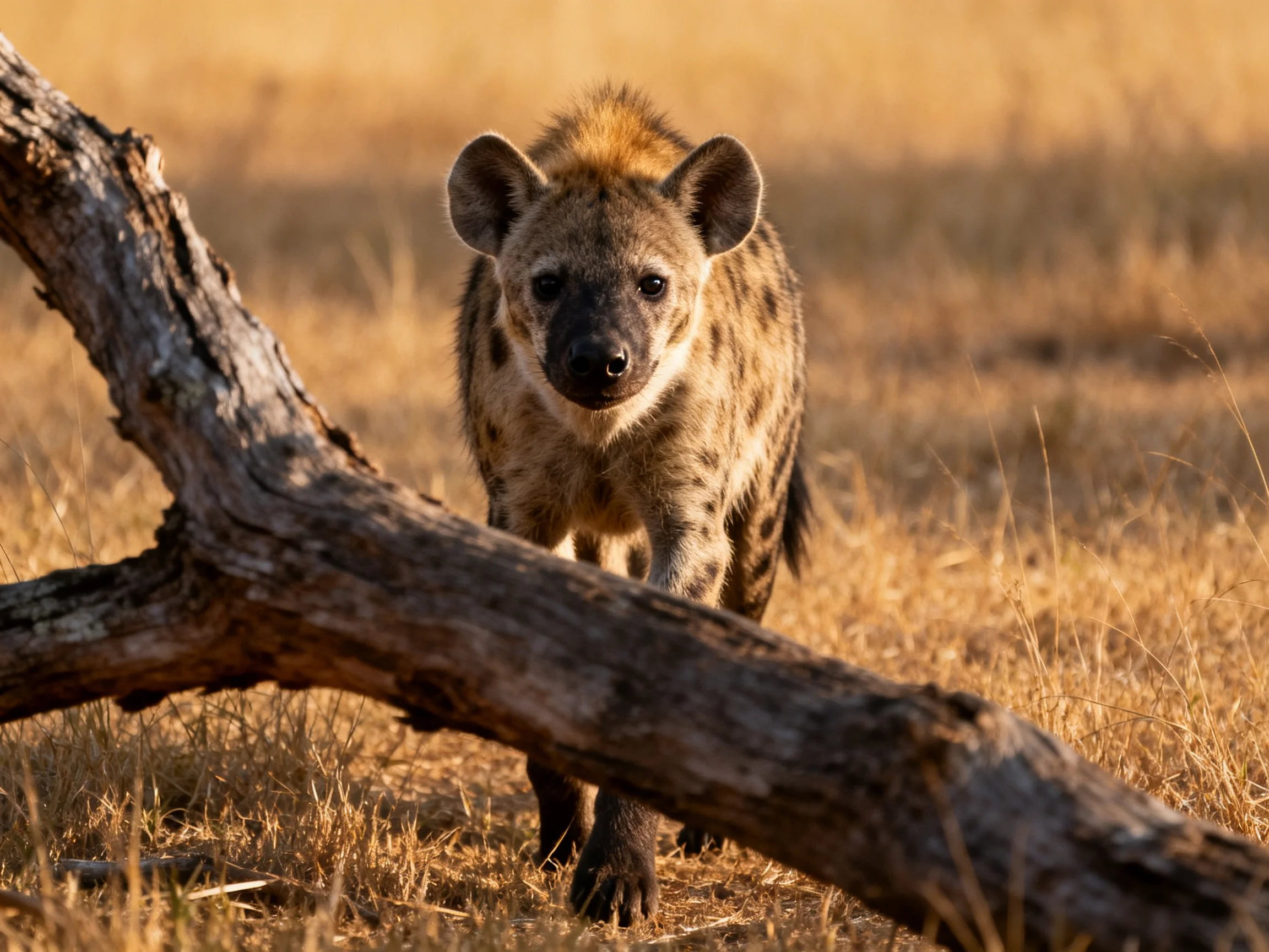 A spotted hyena in golden savannah near a weathered log