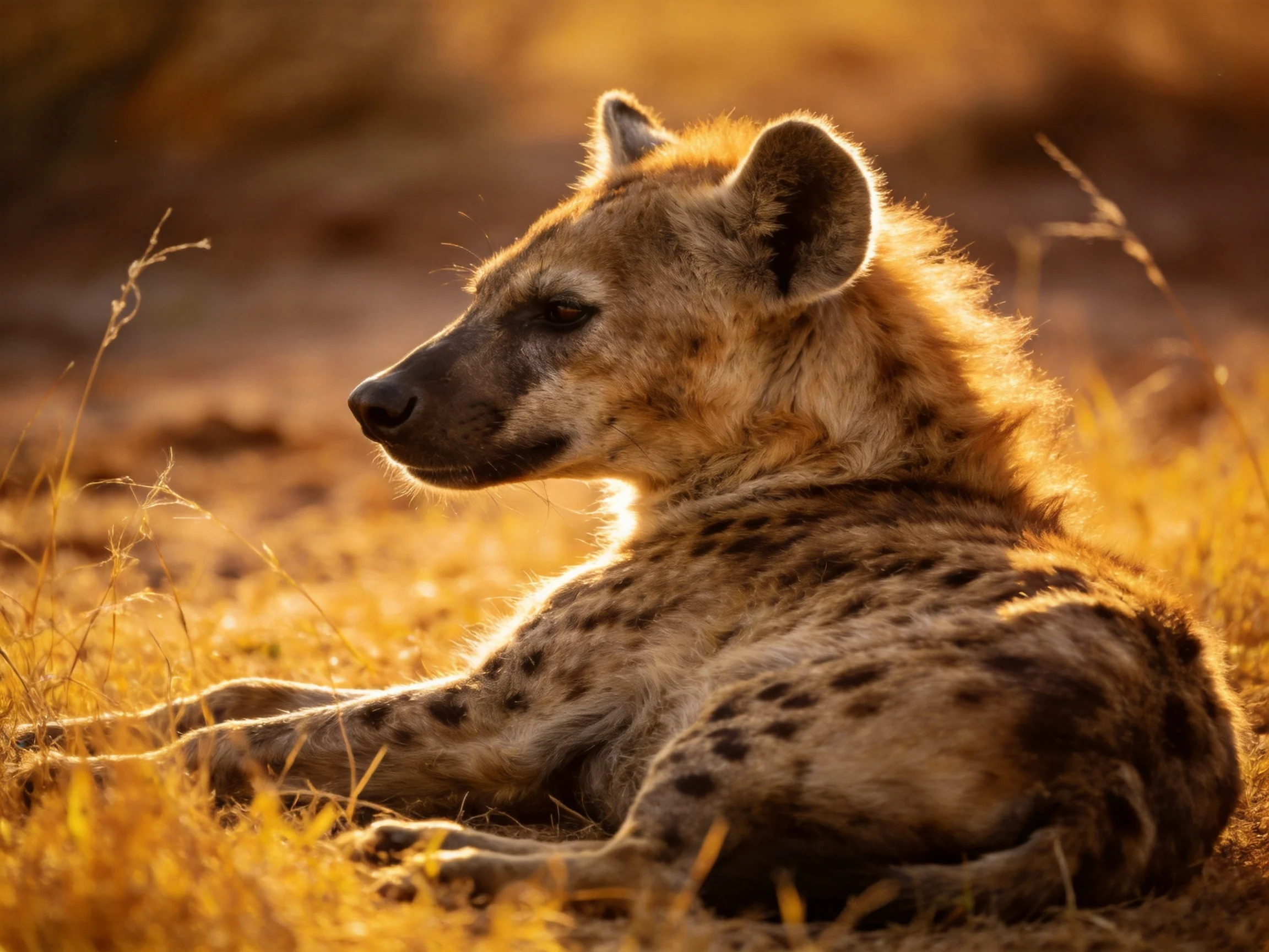 A spotted hyena resting in golden savannah grass