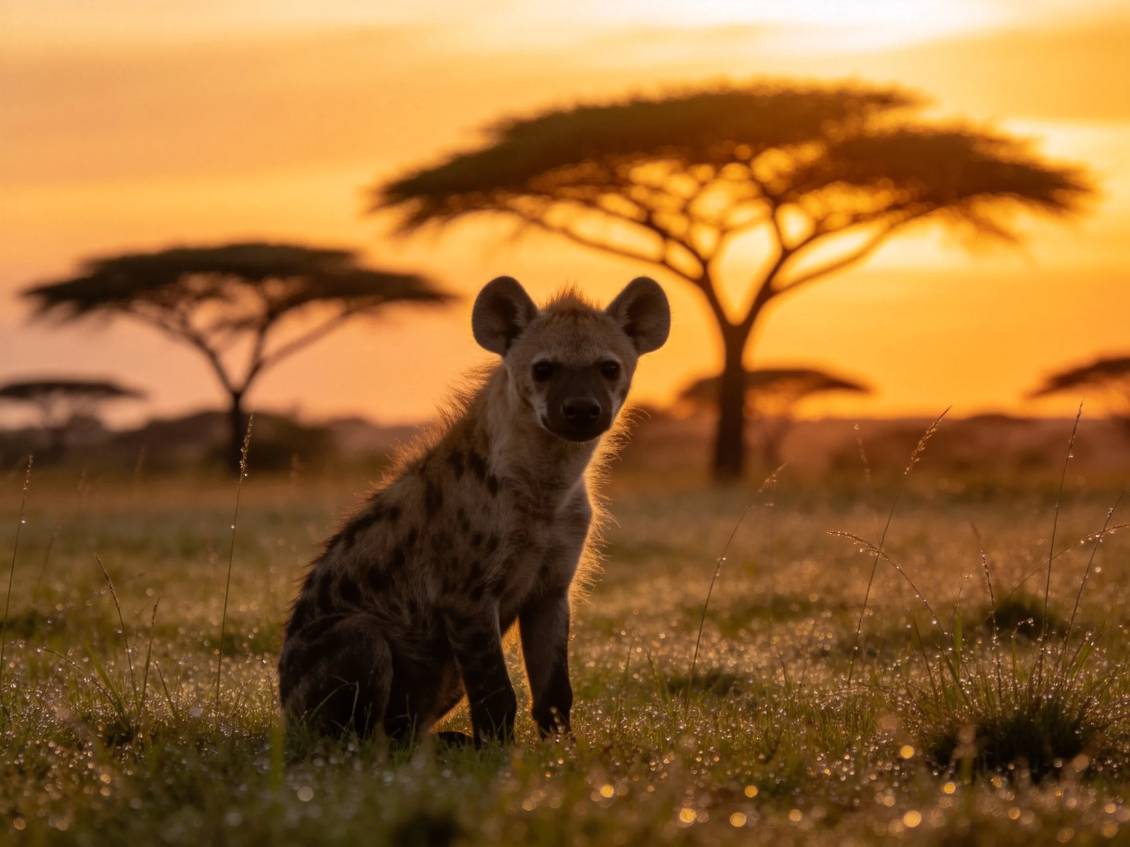 A spotted hyena sits in dewy savannah grass during golden hour