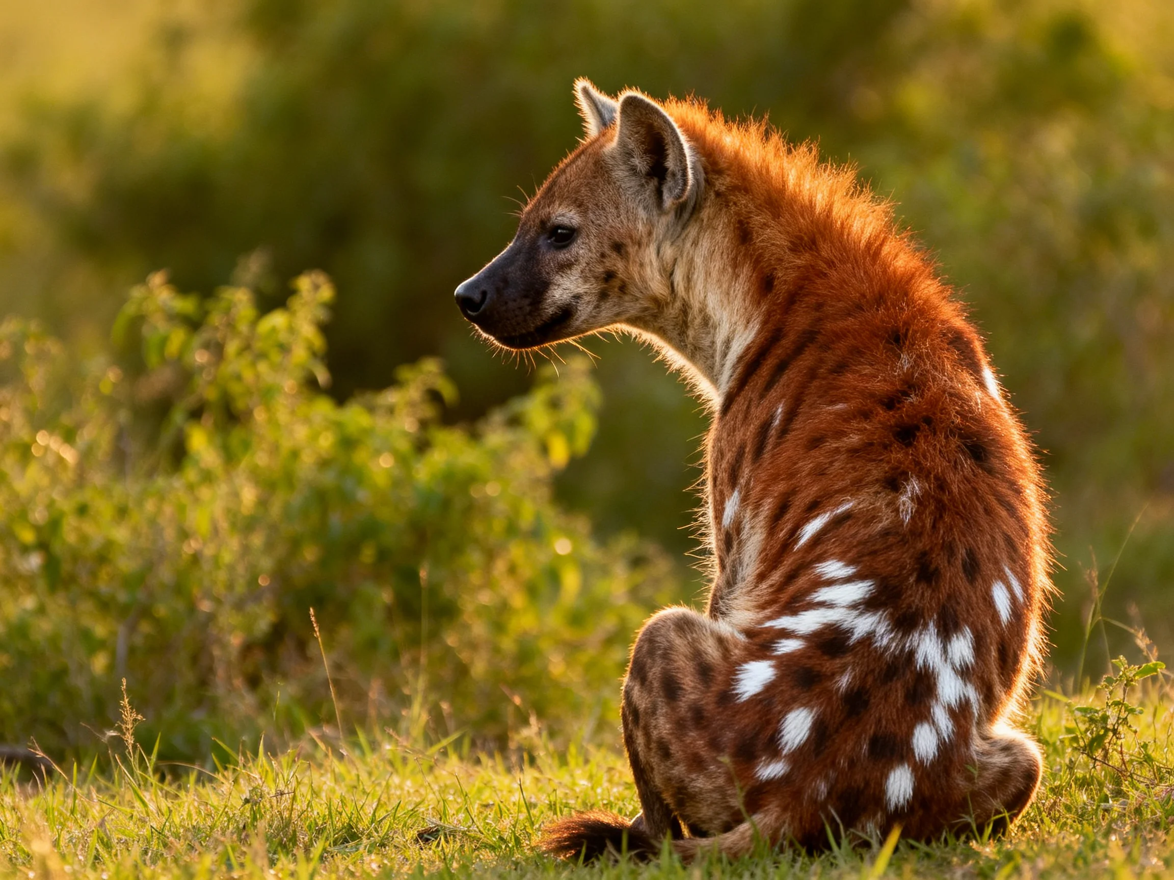 A spotted hyena sits calmly amid sunlit savannah vegetation.