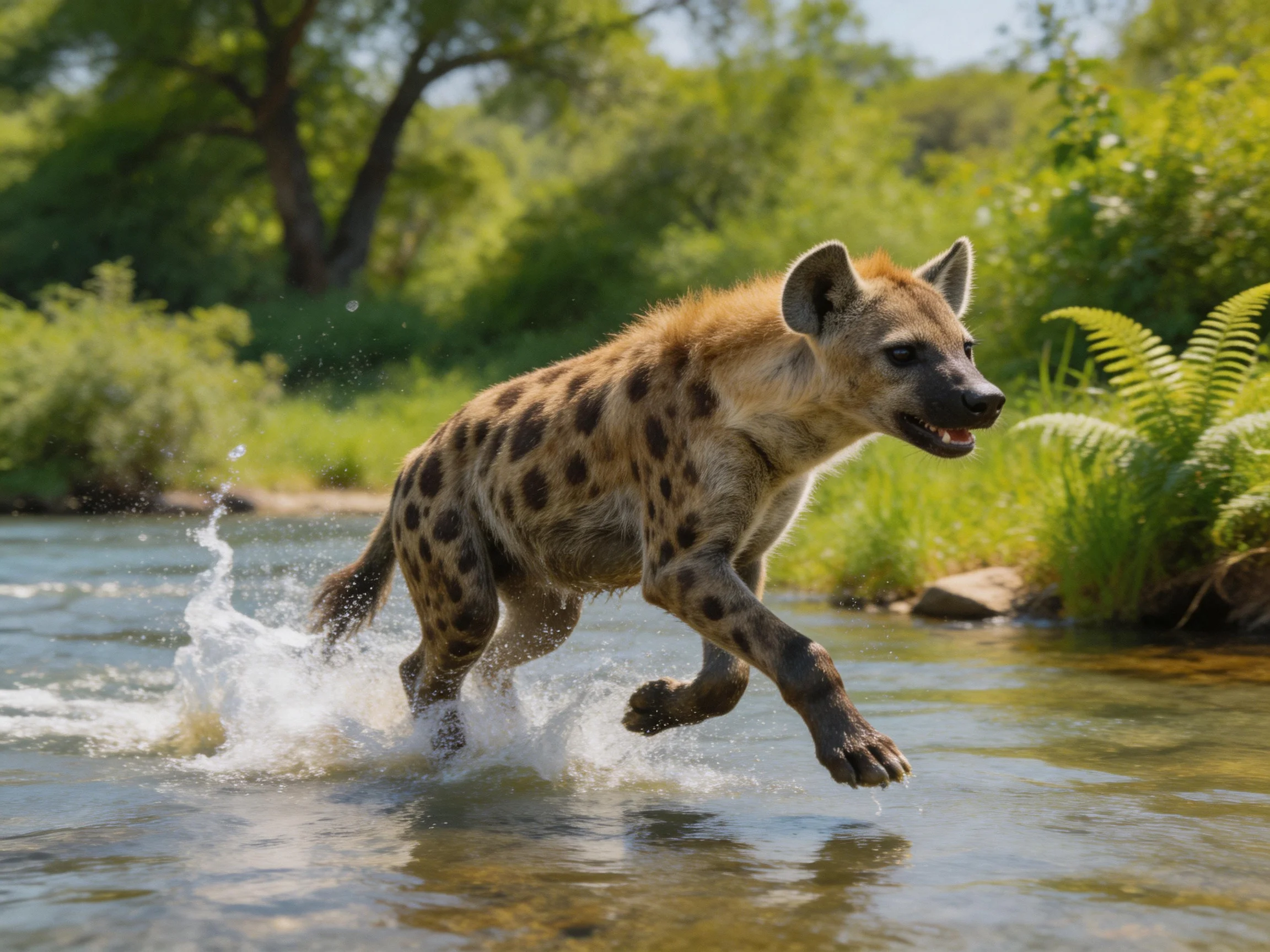 A spotted hyena sprints through a clear river with lush greenery