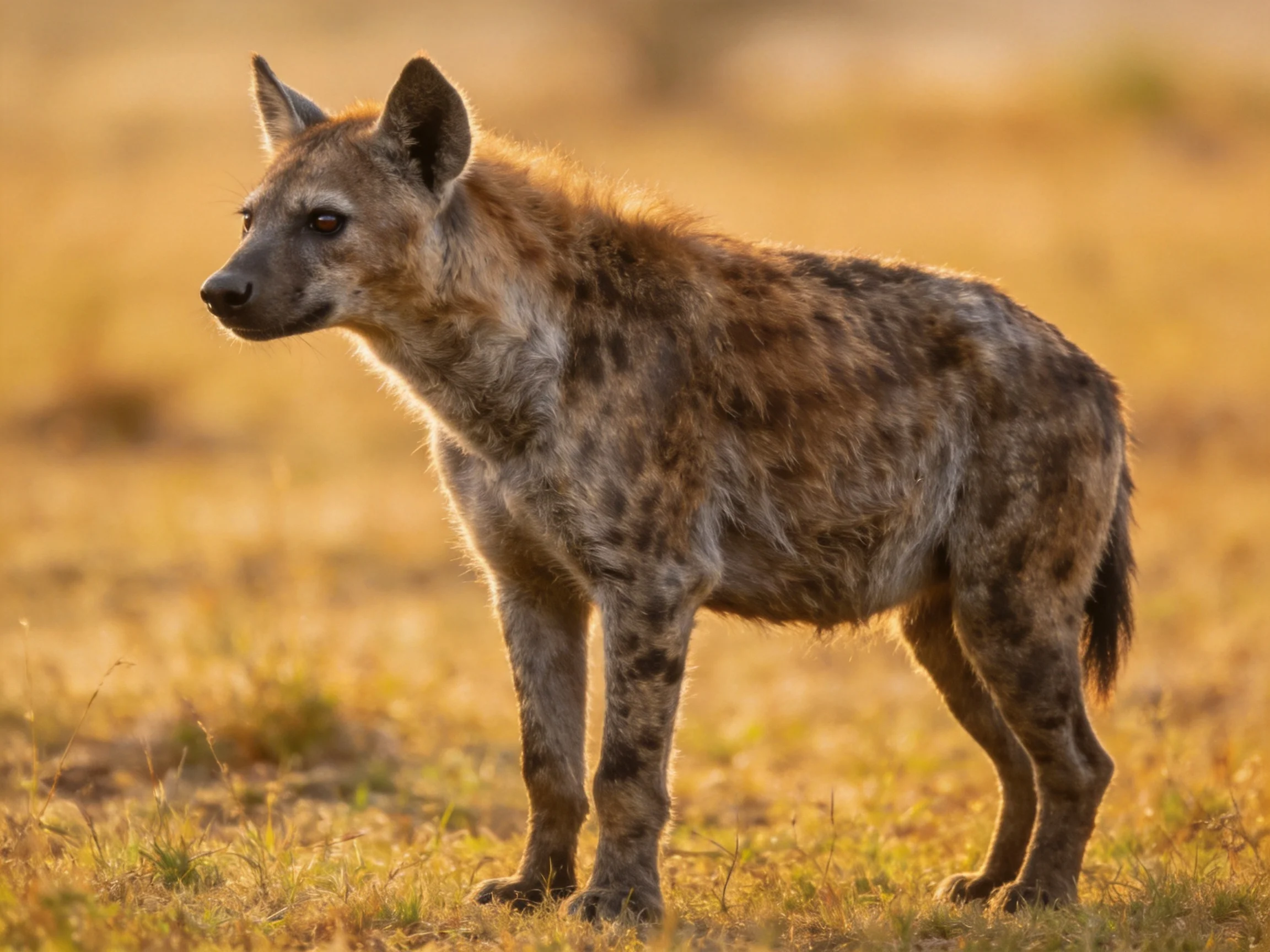 A spotted hyena stands alert in golden savannah grasslands