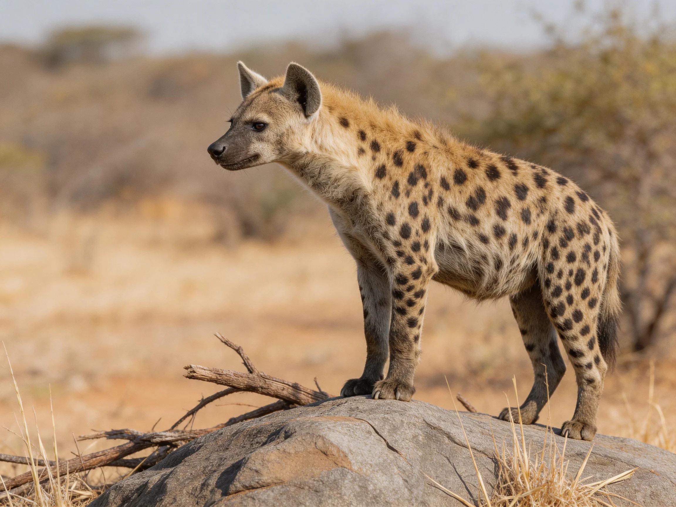 A spotted hyena stands atop a large rock in a dry savannah