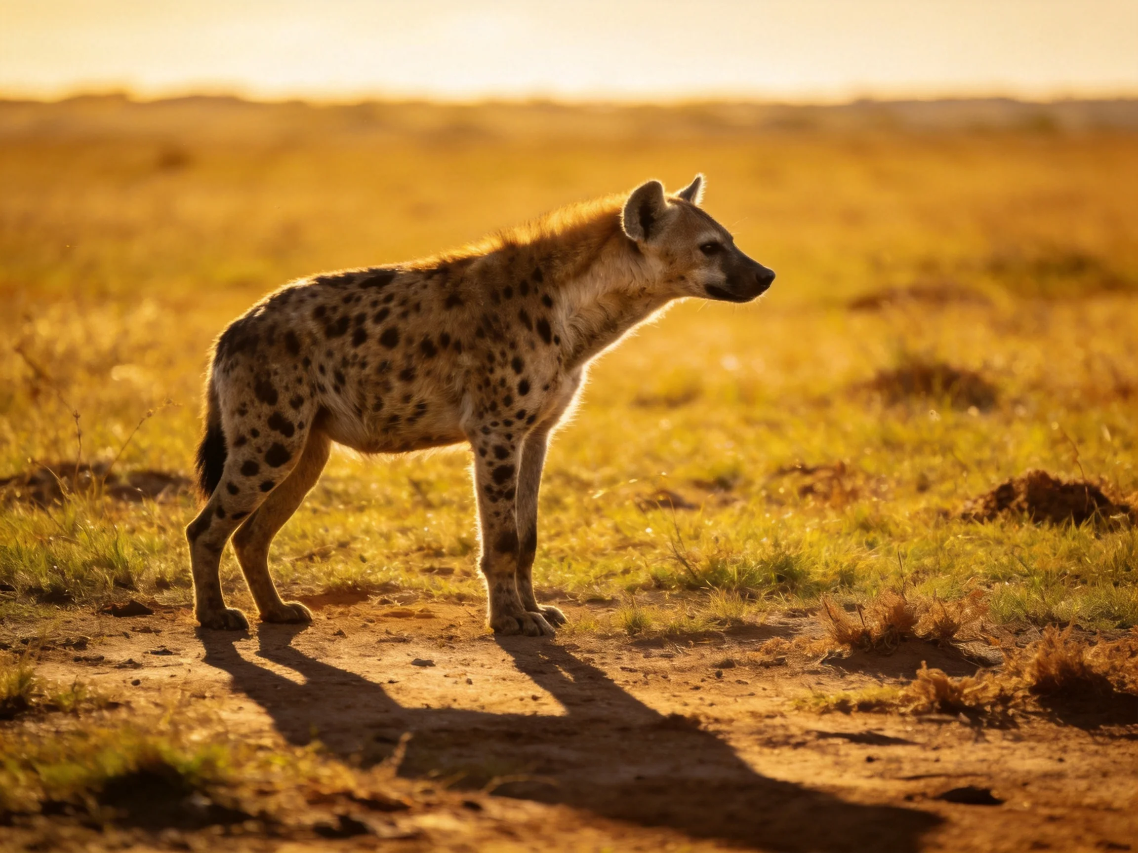 A spotted hyena stands in golden savannah grassland at sunset