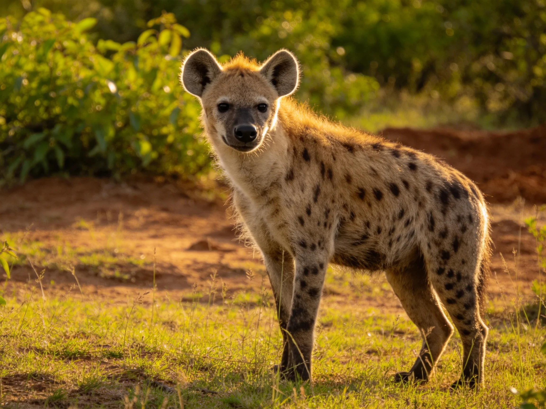 A spotted hyena stands in golden savannah light
