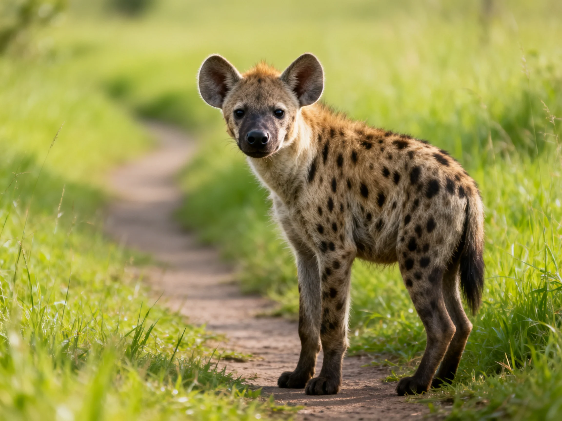 A spotted hyena stands on a dirt path amid lush greenery