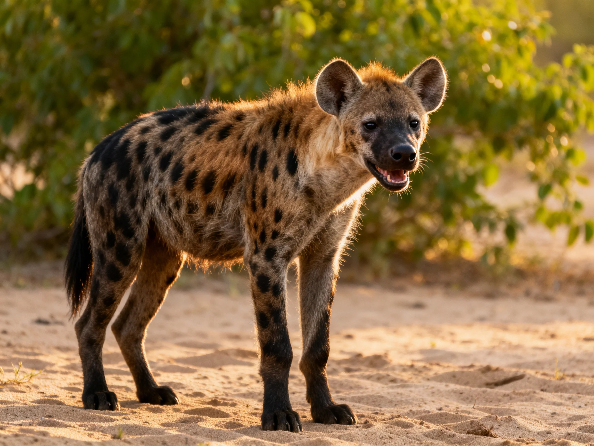 A spotted hyena stands on sandy ground near lush green bushes