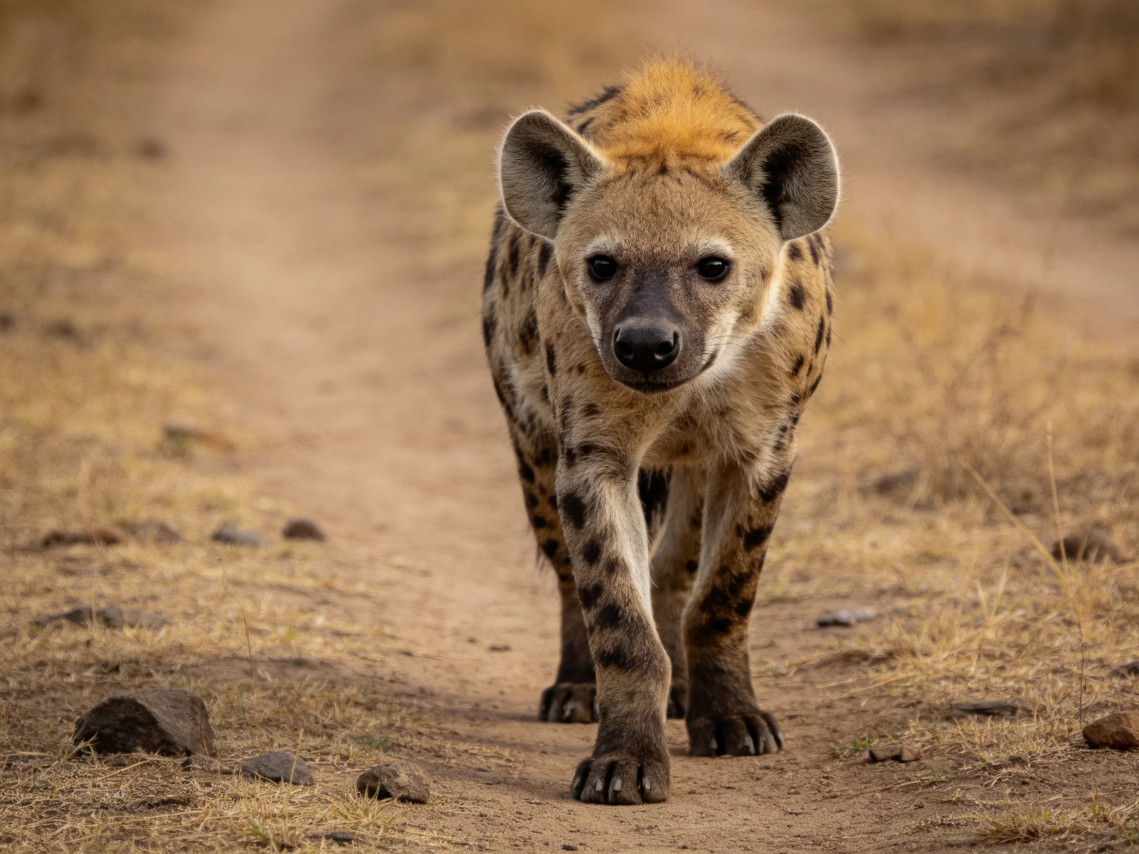 A spotted hyena walks along a dusty savannah path