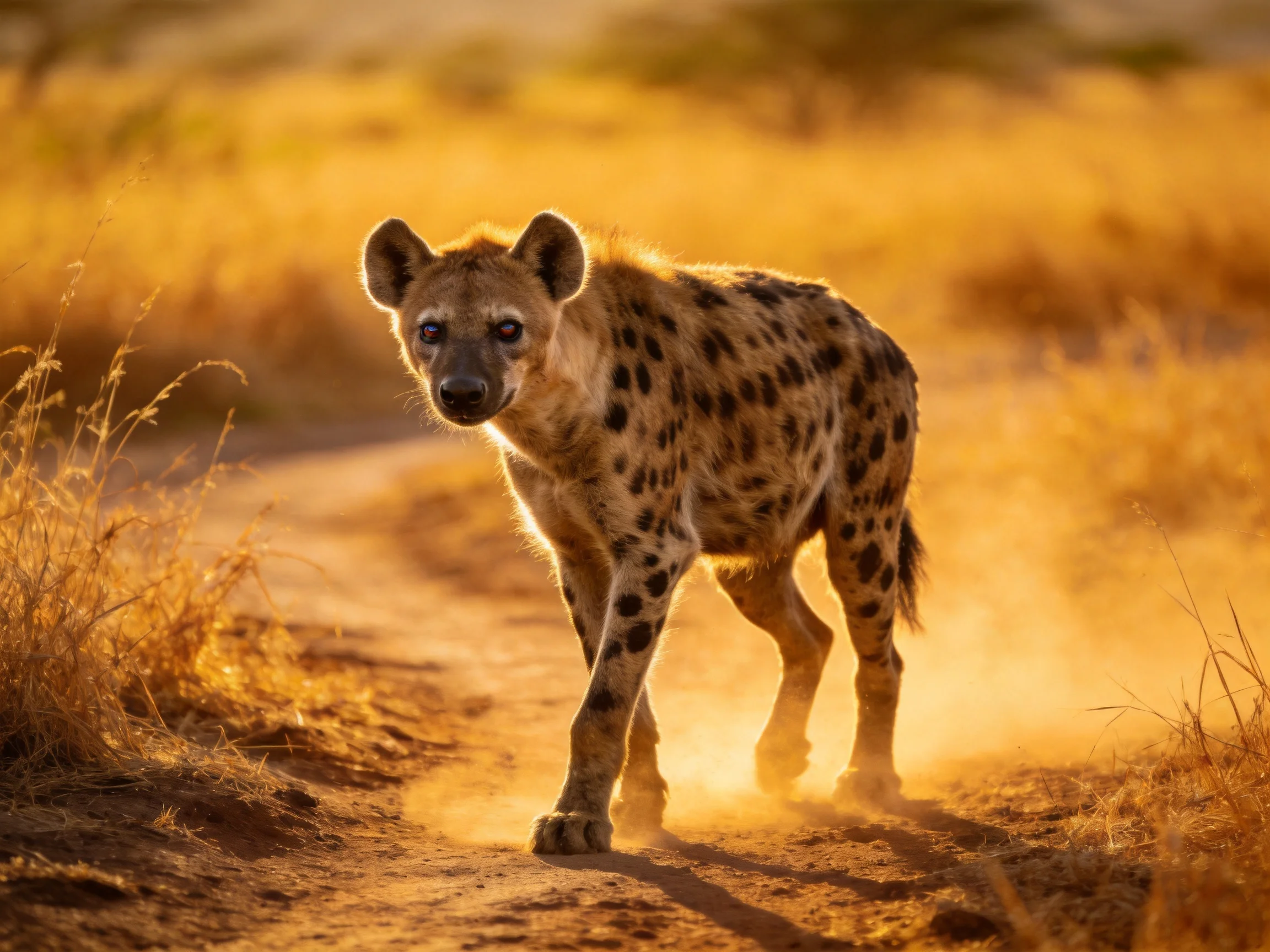 A spotted hyena walks on a dusty savannah path during golden hour