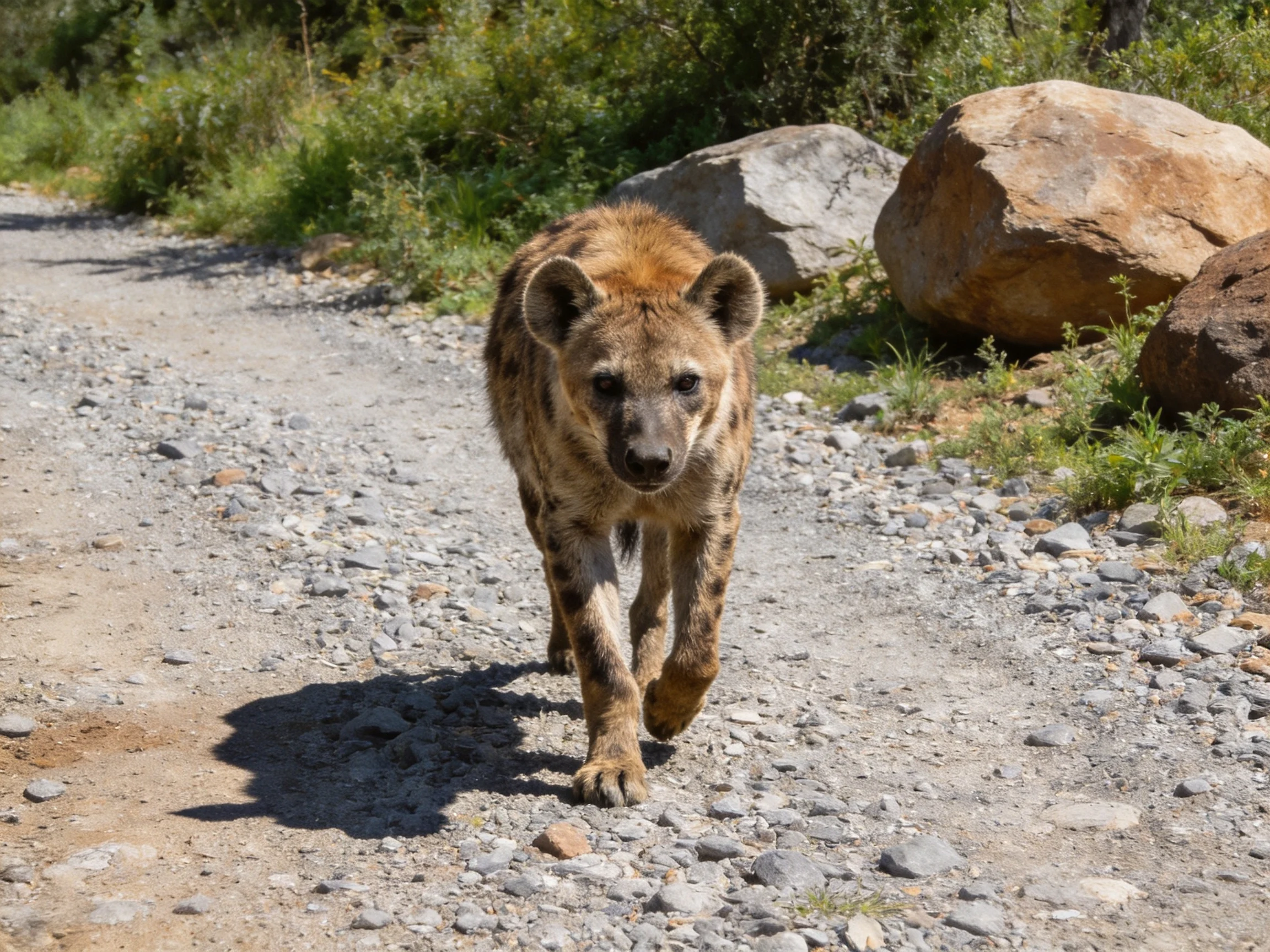 A spotted hyena with brown fur walks on a gravel path near large rocks
