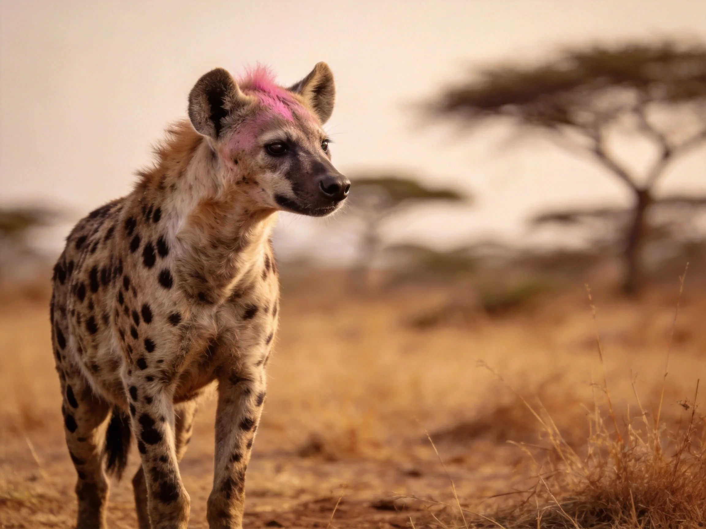 A spotted hyena with pink head markings in a savannah landscape