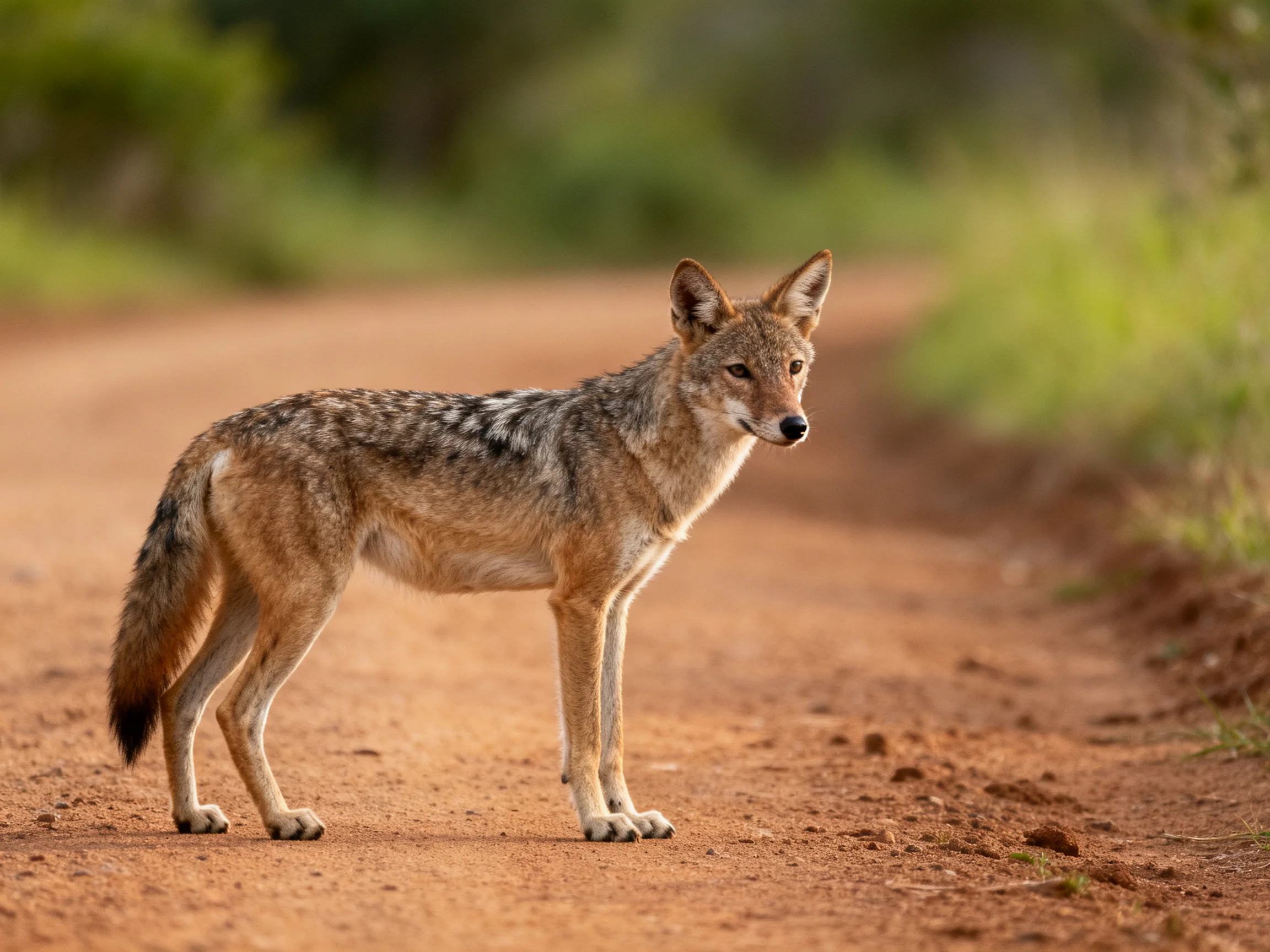 A spotted jackal stands on a reddish dirt road near greenery