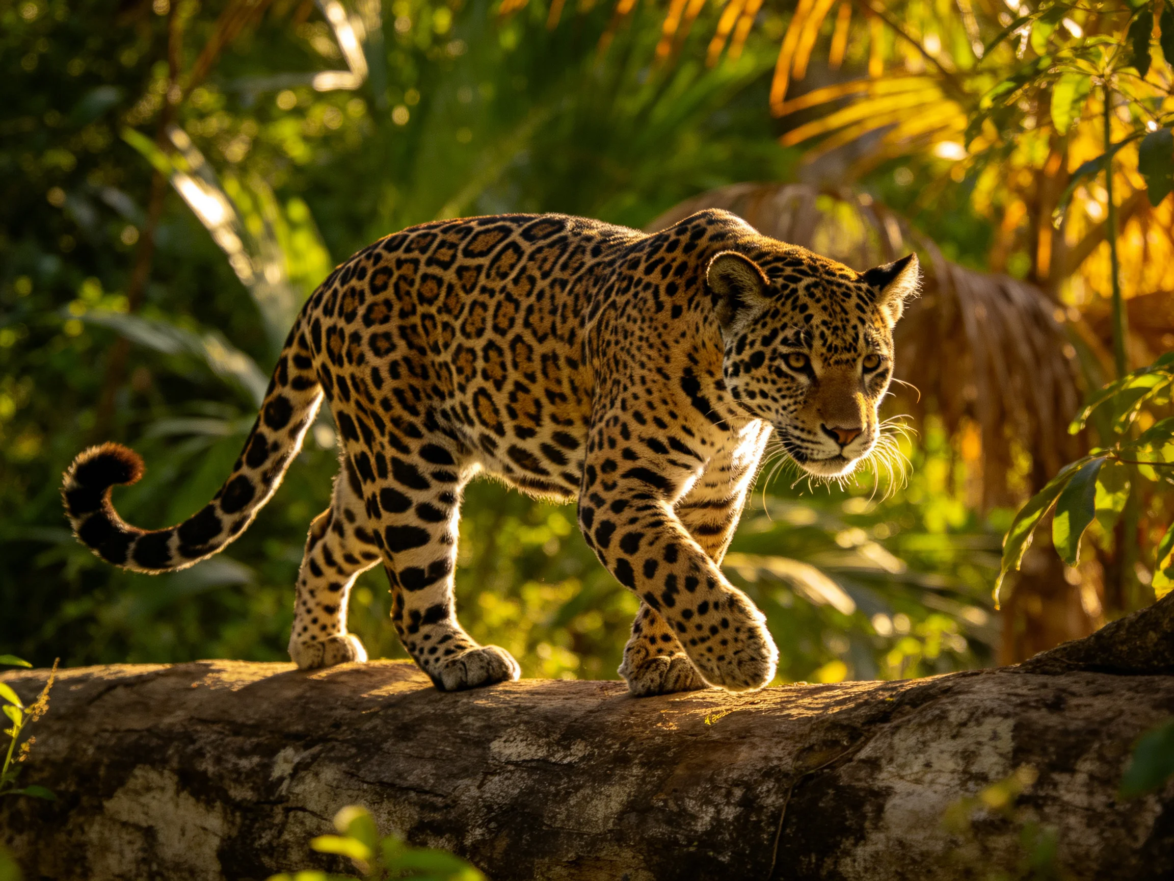 A spotted jaguar traverses a massive log in dense foliage