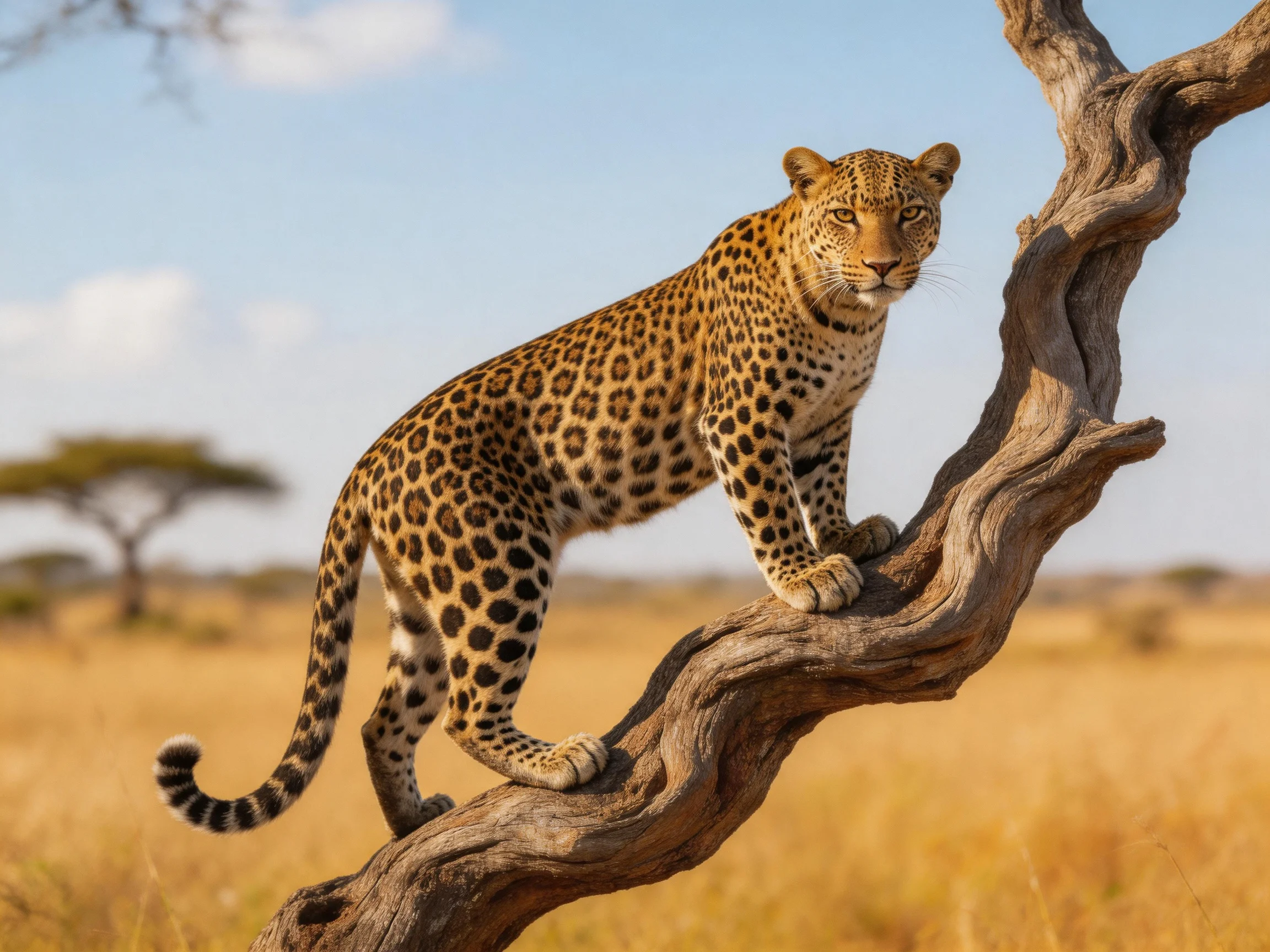 A spotted leopard perches on a gnarled tree branch in a golden savannah