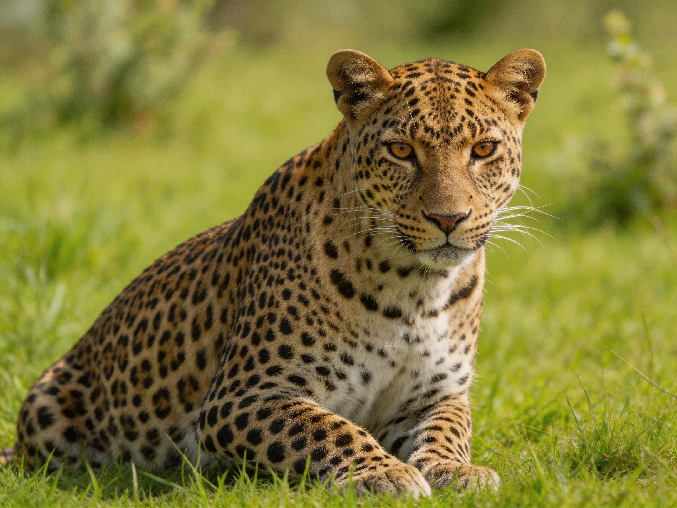 A spotted leopard rests in lush green grass with focused gaze