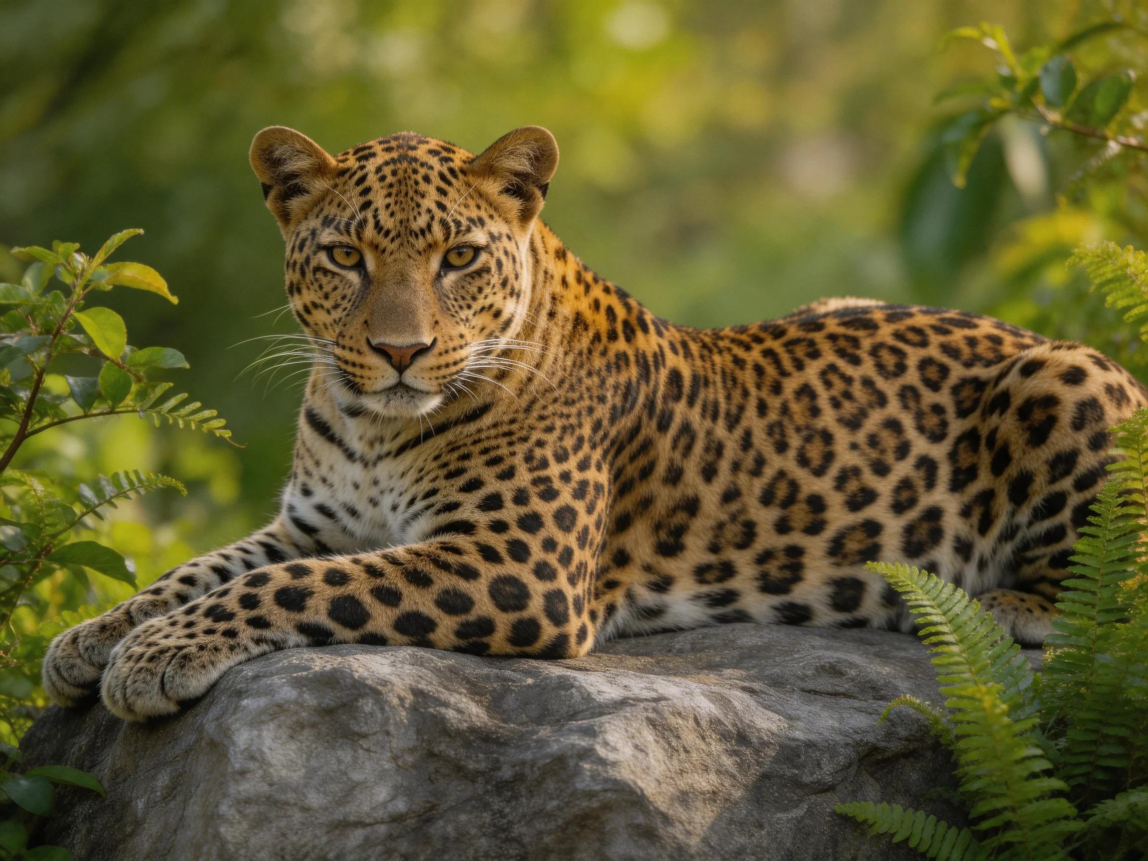 A leopard withdistinct spot patterns relaxes on a rock among green plants