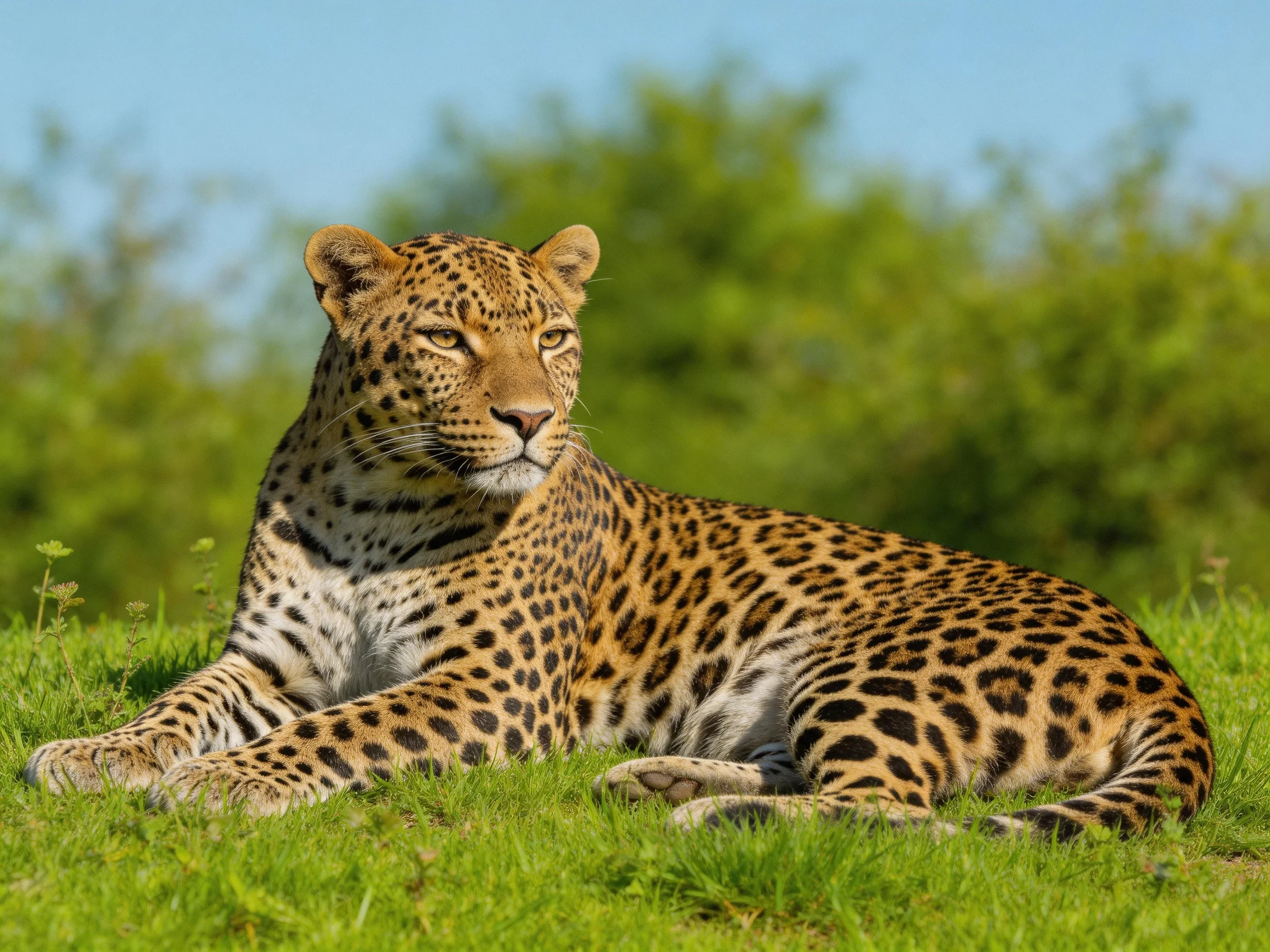 A spotted leopard rests on lush green grass with blurred foliage