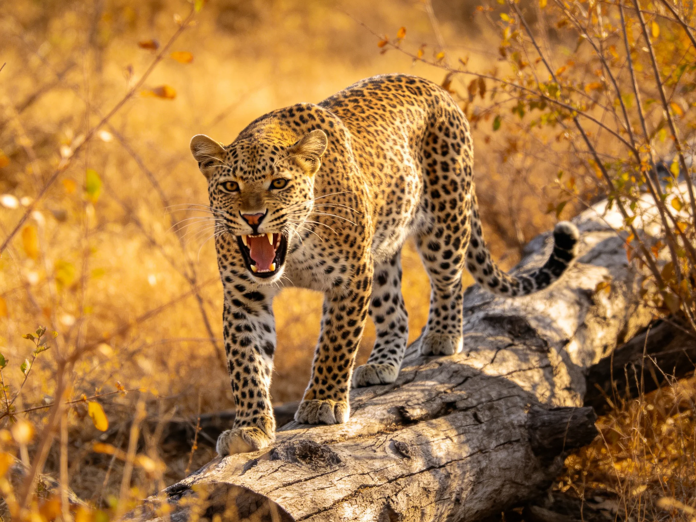 A spotted leopard roams atop a weathered log in golden savannah