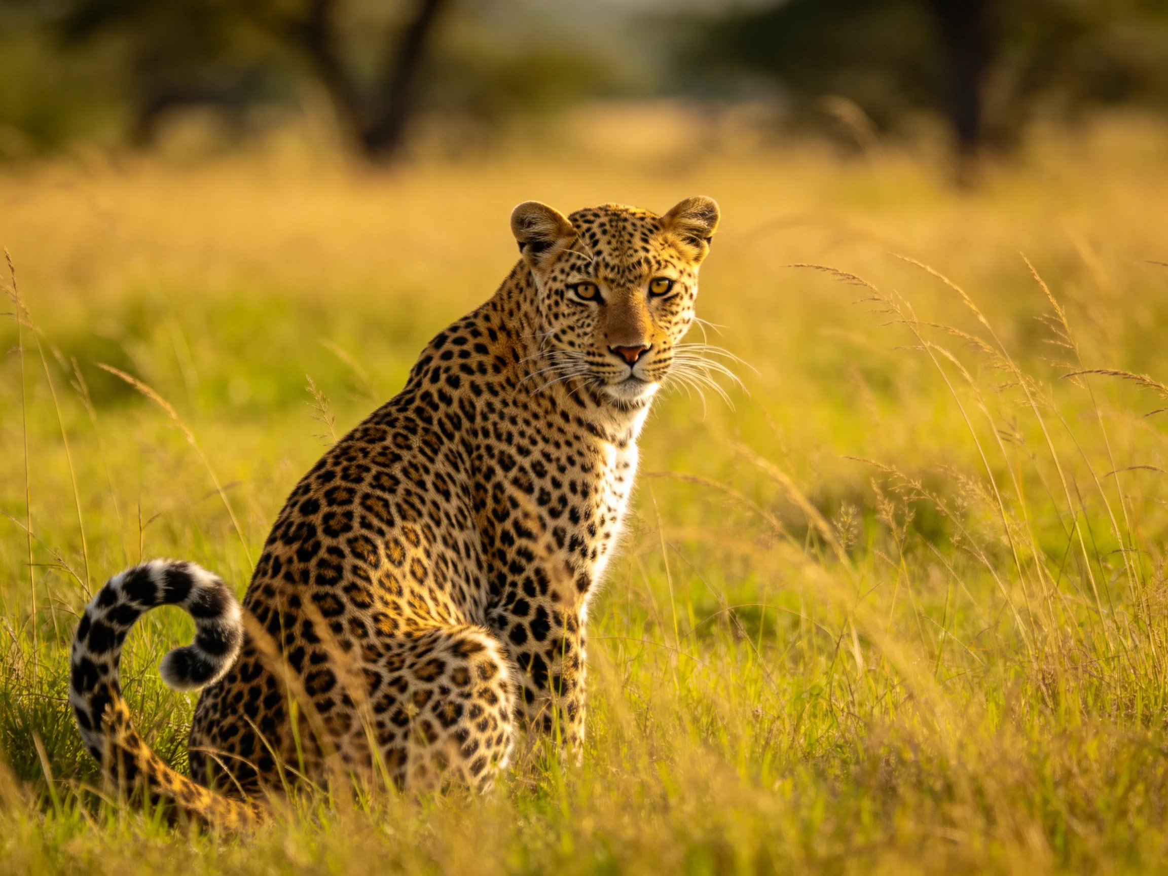 A leopard sits attentively in sunlit savannah grass.